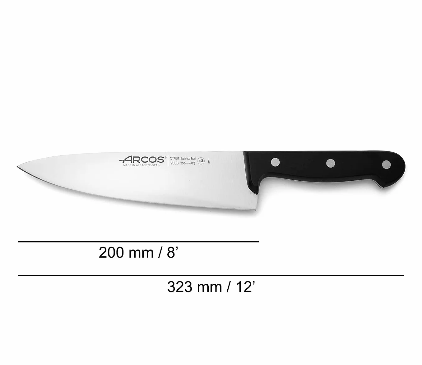 Arcos Seria Universal – nóż szefa kuchni – ostrze ze stali nierdzewnej nitrowej 200 mm – uchwyt ręczny polioksymetylen (POM) kolor czarny, 25 x 5 x 5 cm