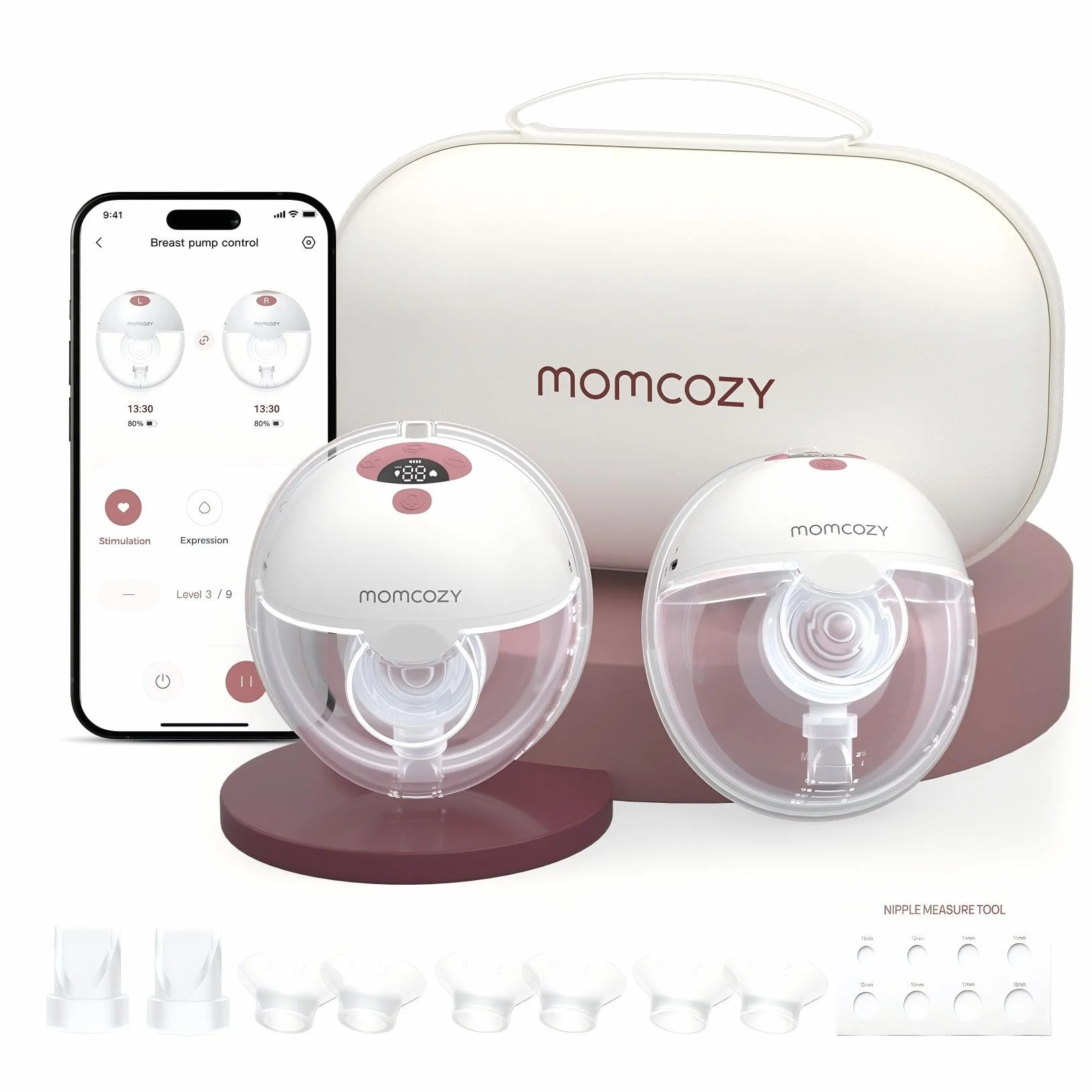 Momcozy M5 Smart Elektryczna Laktacja Bezprzewodowa, Sterowana Aplikacją, 3 Tryby 9 Poziomów SSania, 24 mm Końcówka (Czerwony, 2 szt.)