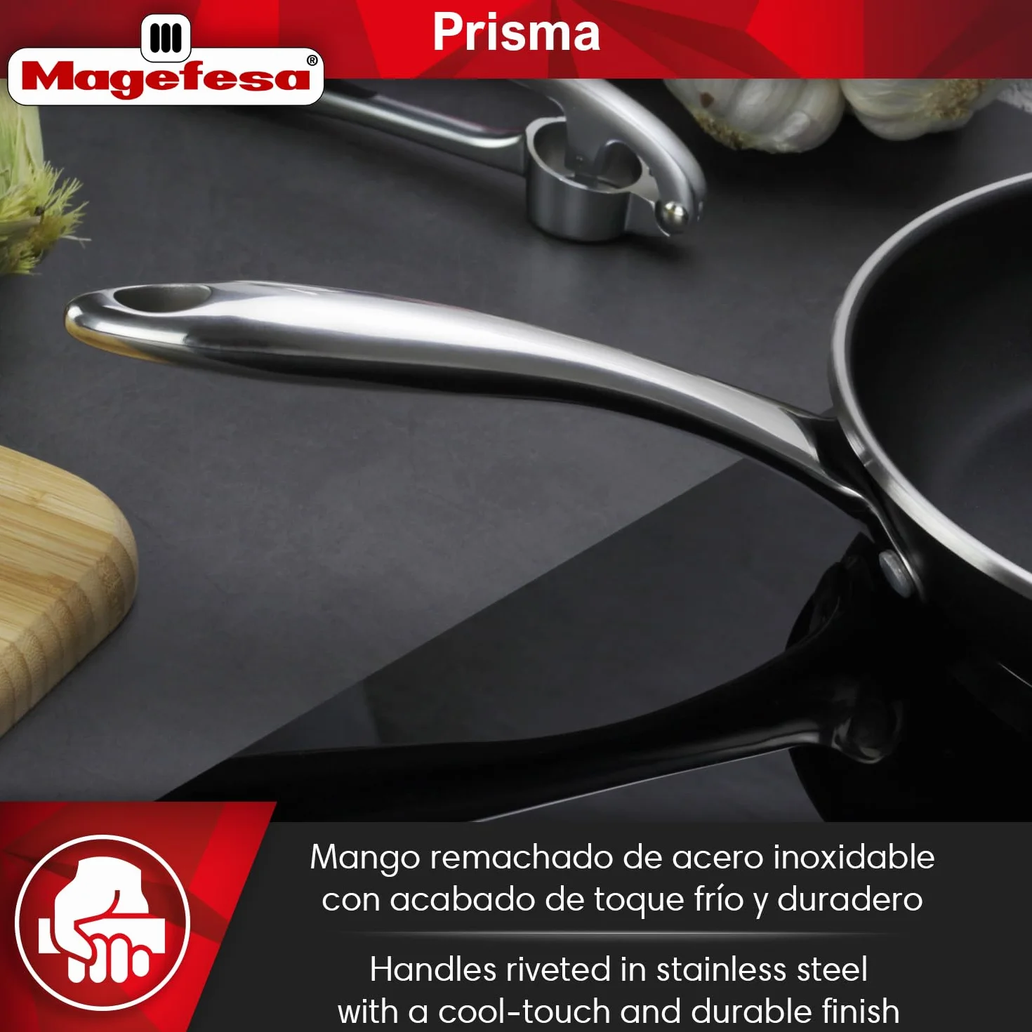 MAGEFESA Prisma zestaw patelni 24 + 28 cm + pojemnik na lunch 21 cm, stal nierdzewna 18/10, nieprzywierająca trójwarstwowa, do wszystkich kuchenek, indukcyjnych, piekarników