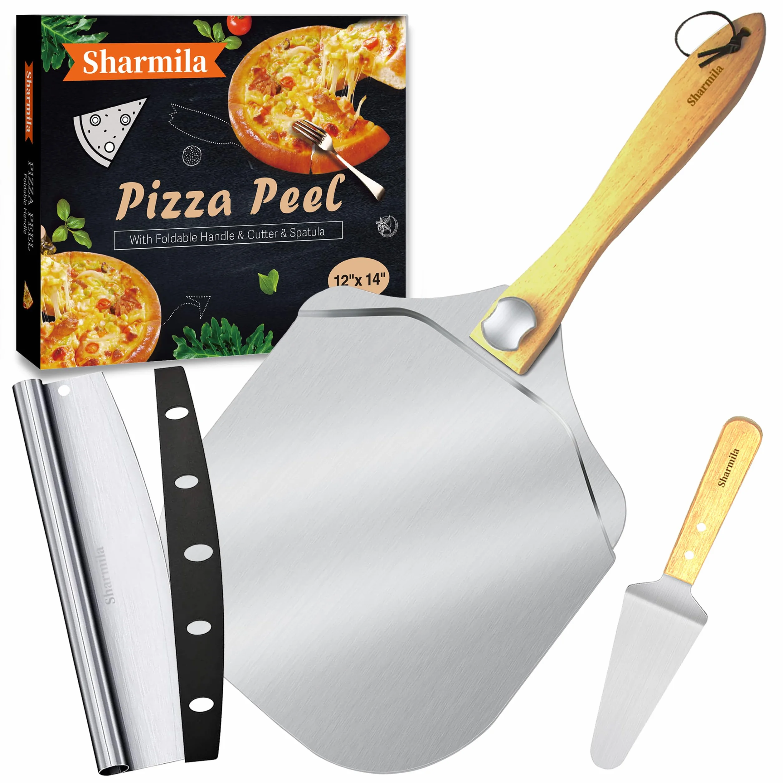 Sharmila Łopatka do pizzy 30 cm aluminiowa łopatka do pizzy ze składanym drewnianym uchwytem, nożem do pizzy i metalową szpatułką do pizzy - idealna do rodzinnego pieczenia pizzy, ciasta, chleba i