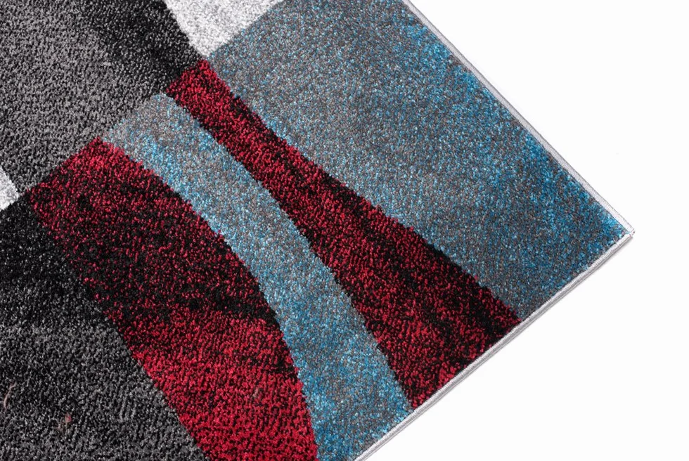 Tapiso Jawa dywan z krótkim włosiem, designerski, szary, czerwony, niebieski, wielokolorowy, z abstrakcyjnymi paskami, wzór w kratkę, kwadratowy wzór, idealny do salonu, pokoju gościnnego, Ökotex 140 x 190 cm