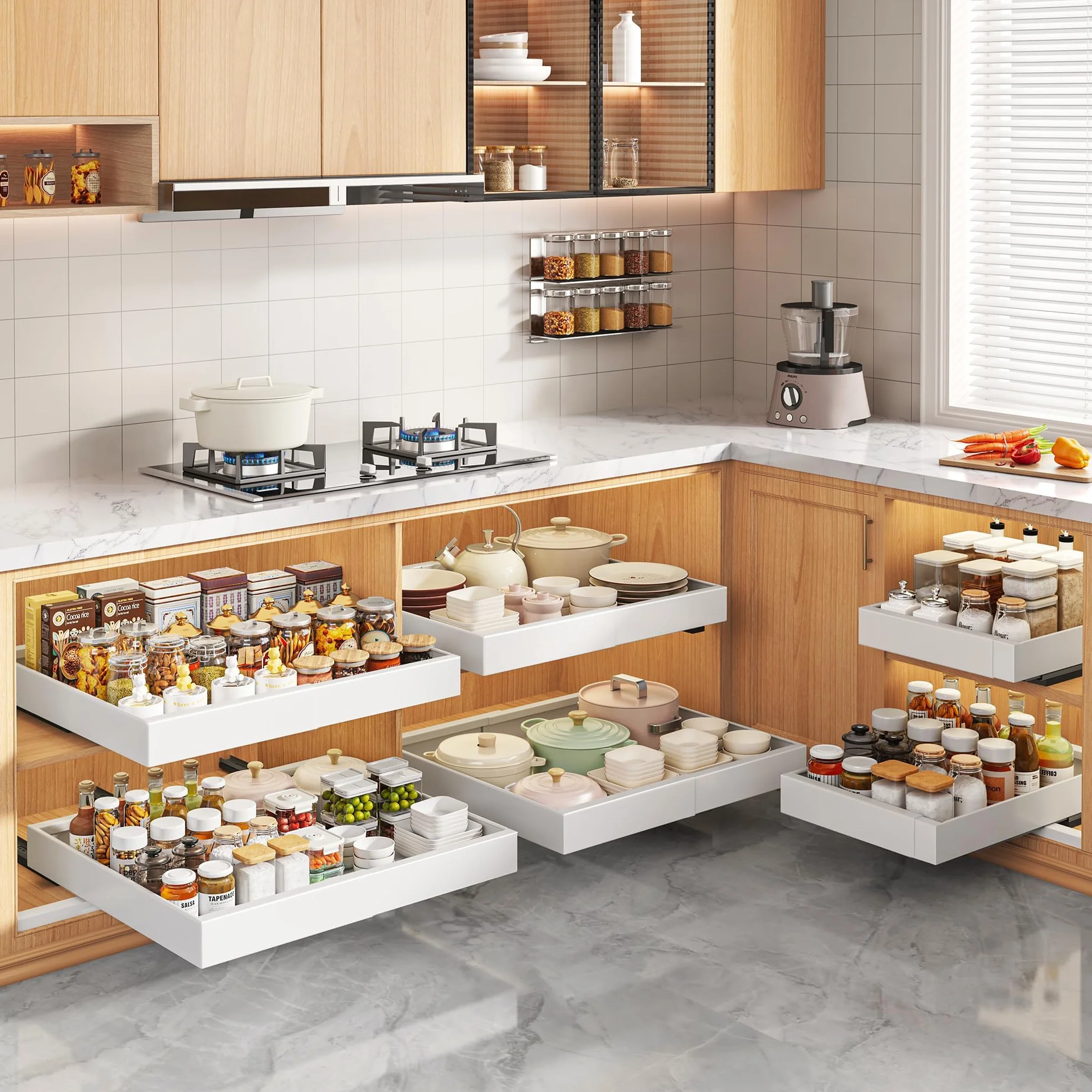 Rozszerzalny wysuwany organizer do szafek, 53 cm, głębokie, 2 szt., odklej i przyklej, wysuwana szuflada do szafki kuchennej, wysuwane półki do organizacji spiżarni kuchennej, regulowana szerokość 32
