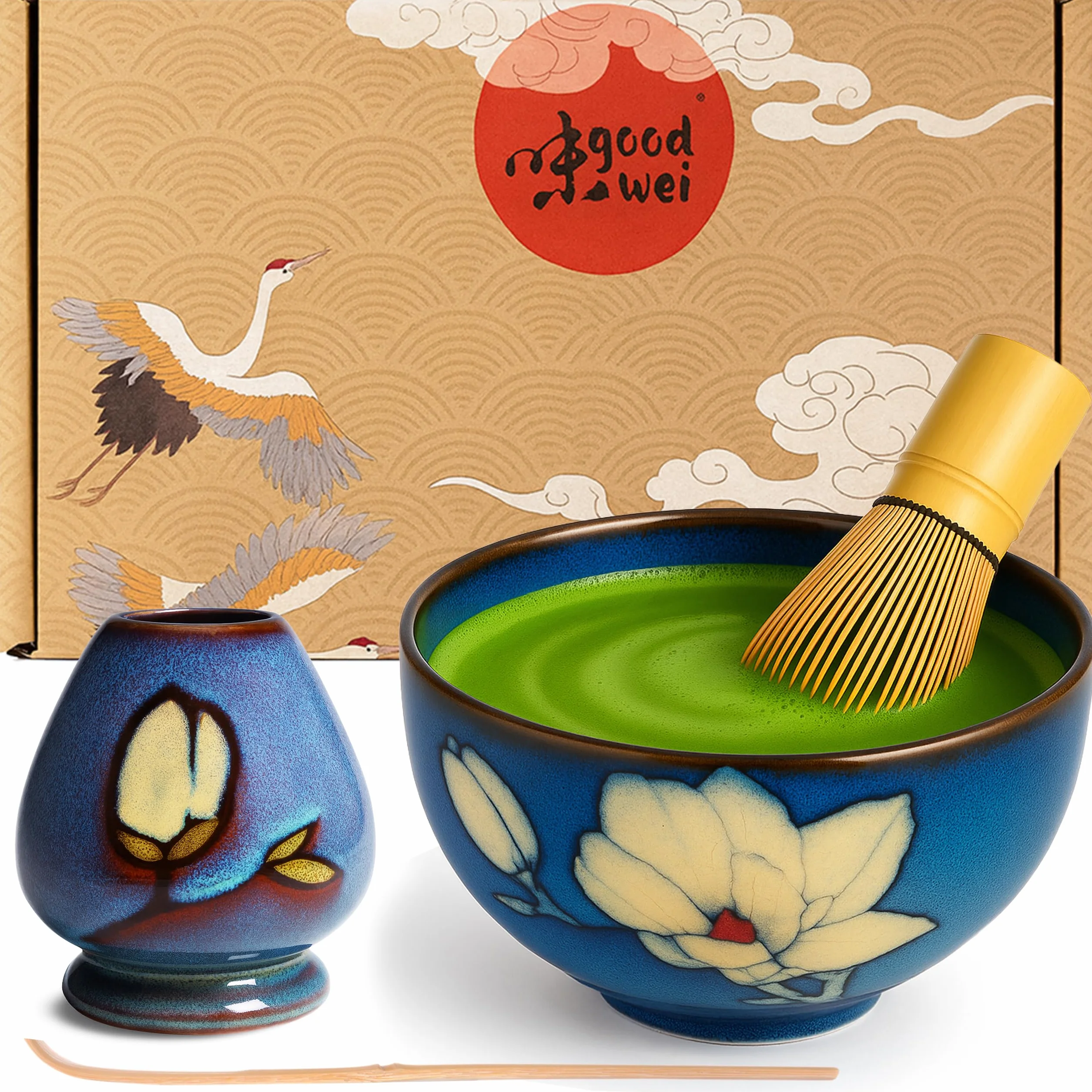 Goodwei Matcha zestaw do trzepaczki Matcha, miska Matcha i ceramiczny uchwyt na trzepaczkę z tym samym wzorem | Kubek Matcha Chawan, 210 ml | Zestaw upominkowy Matcha (80, Magnolia)