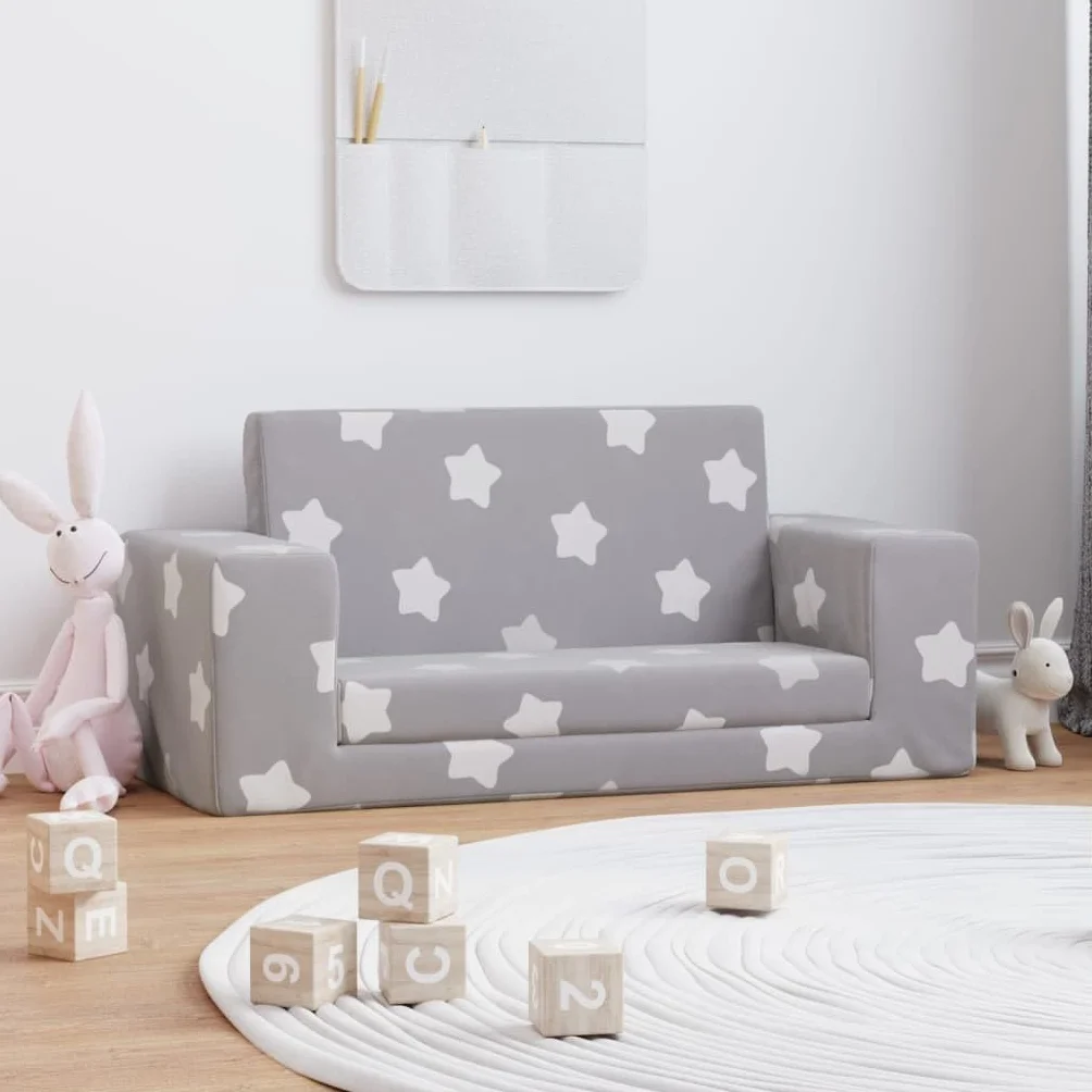 2-osobowa przytulna sofa wypoczynkowa z funkcją spania – fotel relaksacyjny jasnoszary z gwiazdkami, miękkie futro flauszowe, zdejmowana poszewka