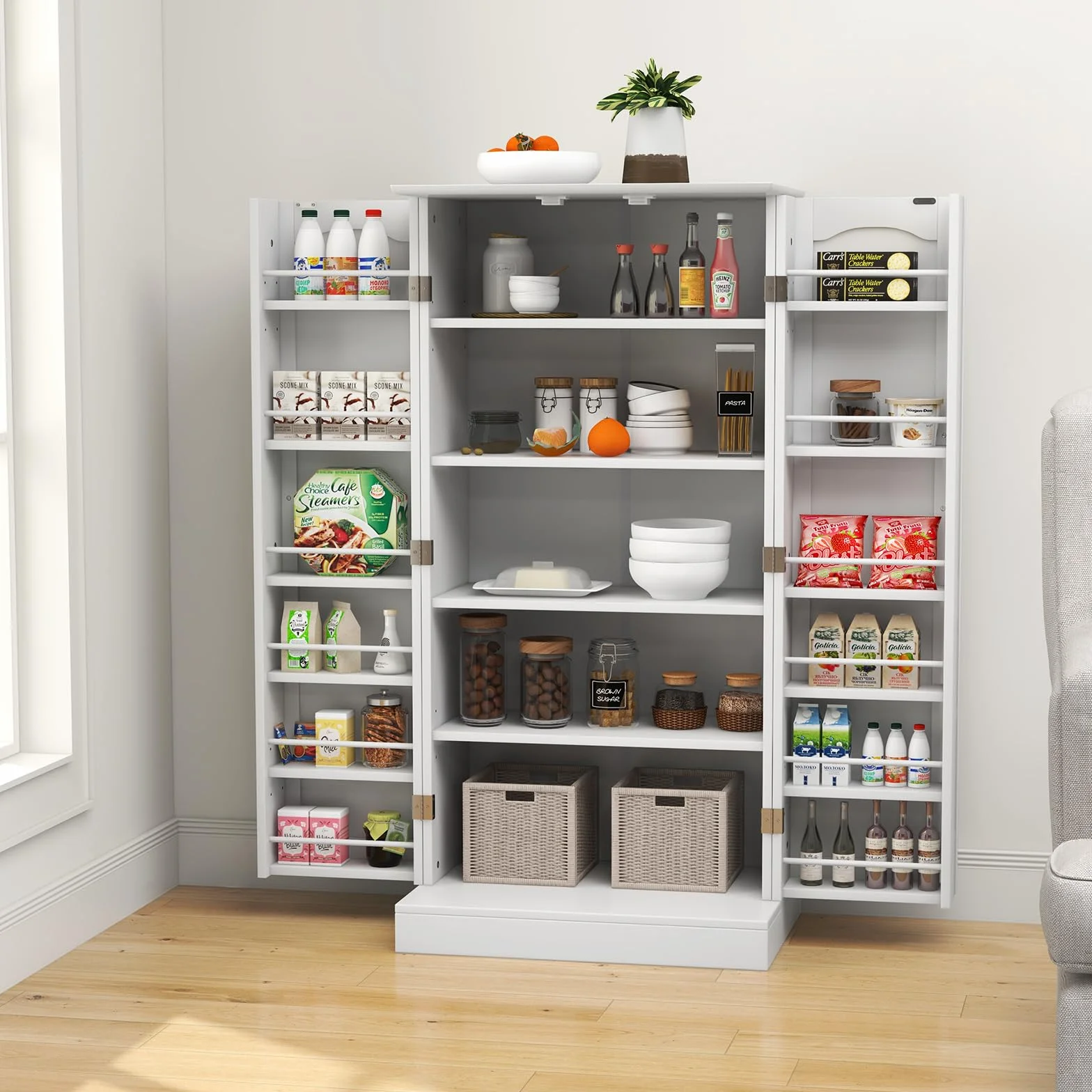 COSTWAY szafka kuchenna, szafka magazynowa, szafka do przechowywania z 2 drzwiami i 6 regulowanymi półkami, szafka wielofunkcyjna do kuchni, salonu, jadalni, 60 x 40 x 120 cm, biały