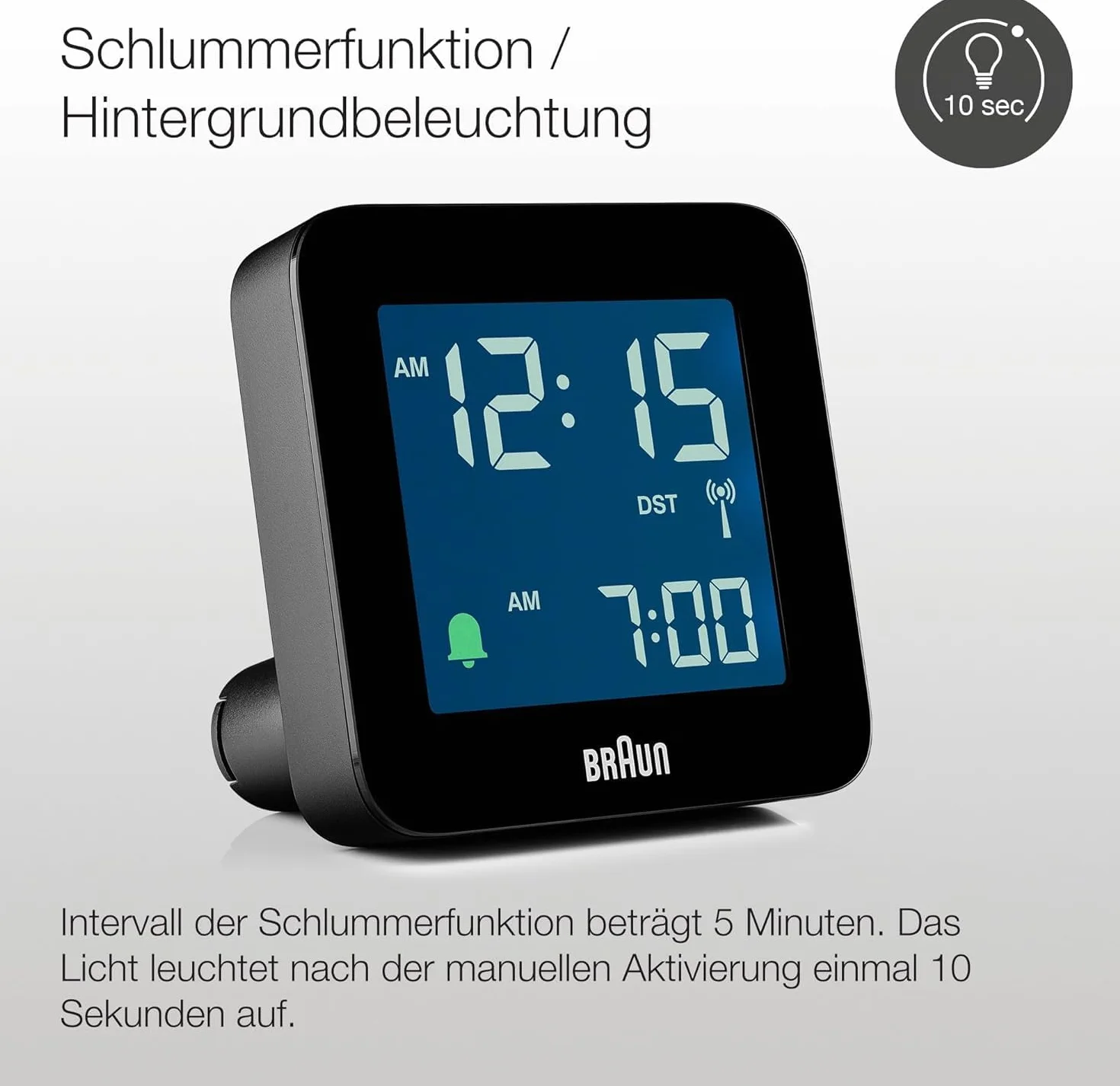 Braun Cyfrowy budzik, funkcja drzemki, ujemny wyświetlacz LCD, funkcja szybkiego ustawiania, alarm Crescendo, czarny, model BC09-DCF