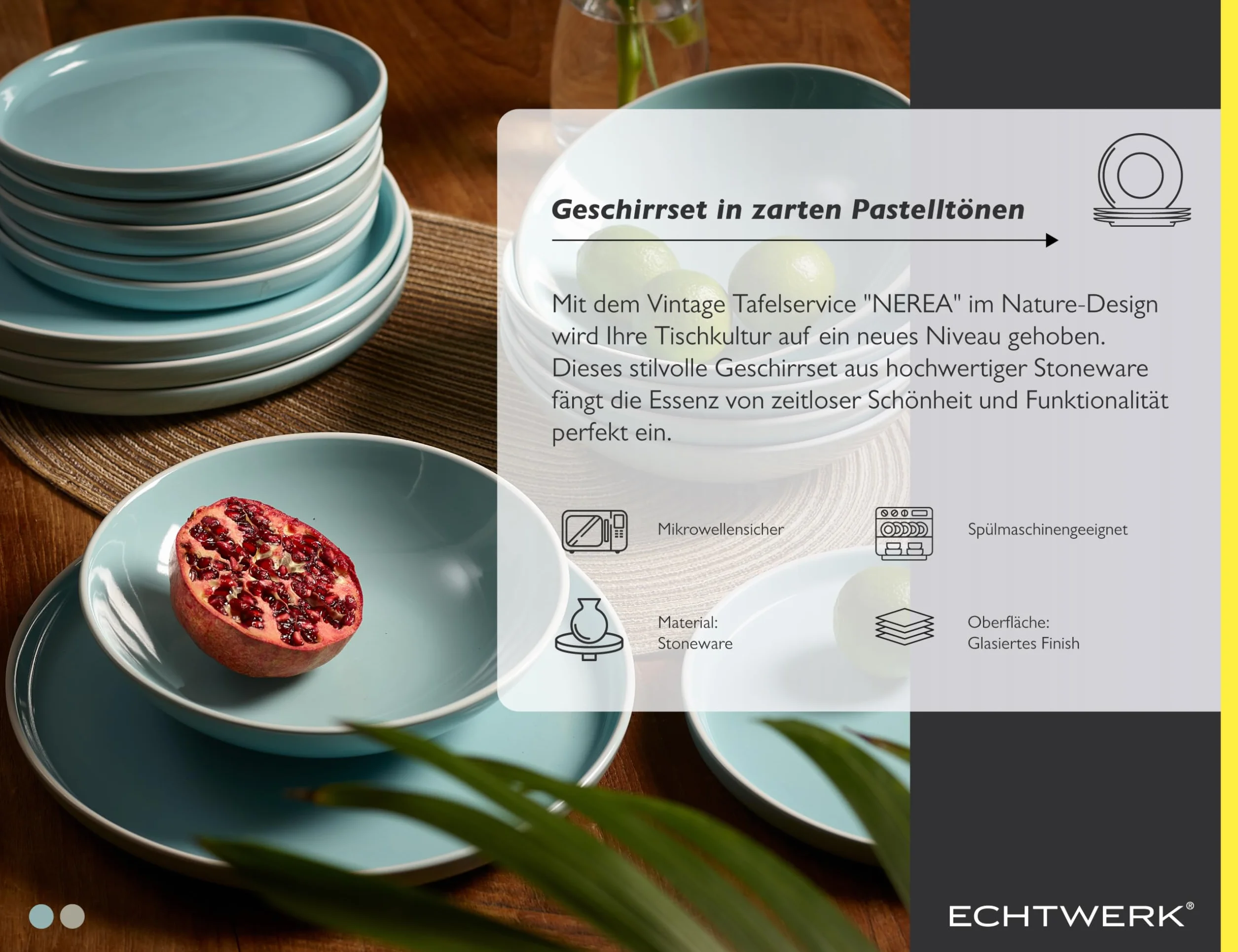 ECHTWERK 12-częściowy zestaw zastawy stołowej w stylu vintage "Nerea" z motywem natury, dla 4 osób, pastelowy zestaw naczyń z kamionki, 4 x talerz obiadowy, 4 x talerz do zupy, miętowy