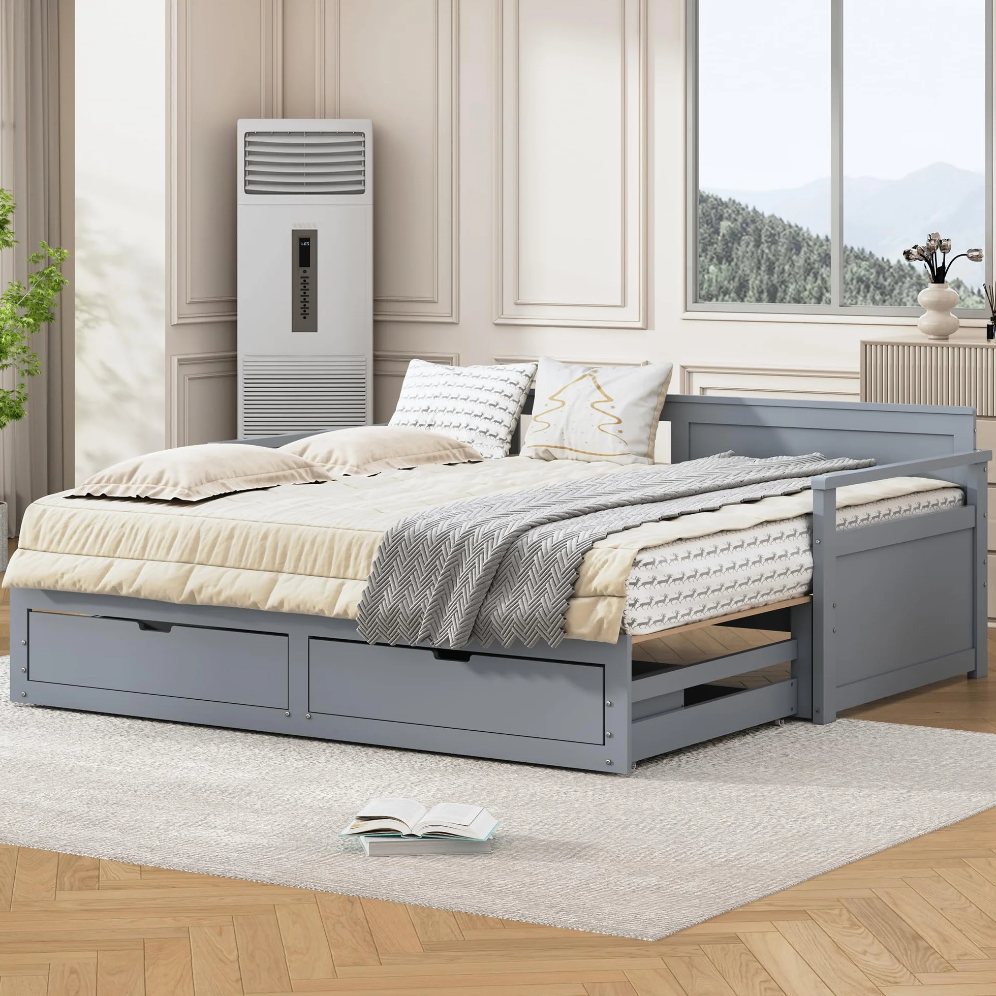 Dolamaní Łóżko dzienne 90 x 200 cm, wysuwane, dla dorosłych o tej samej wysokości, sofa z funkcją spania dla 2 osób, łóżko z szufladami (kolor szary)