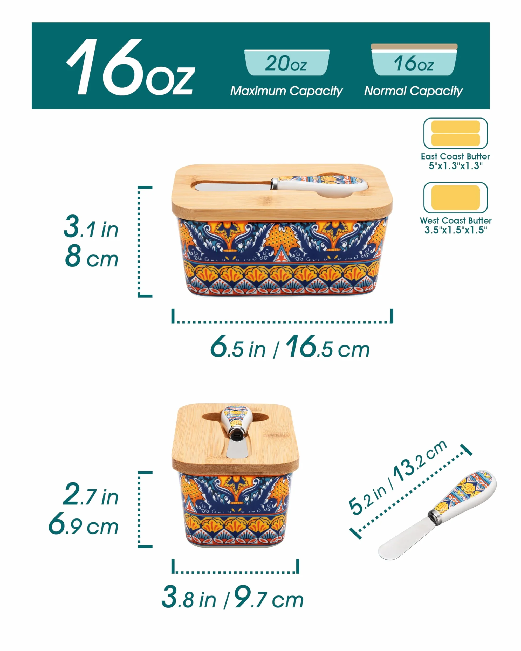 vancasso KRVI maselniczka z pokrywką, 16,5 cm, do blatu roboczego, ceramiczny pojemnik na masło z nożem i bambusową pokrywką, 06