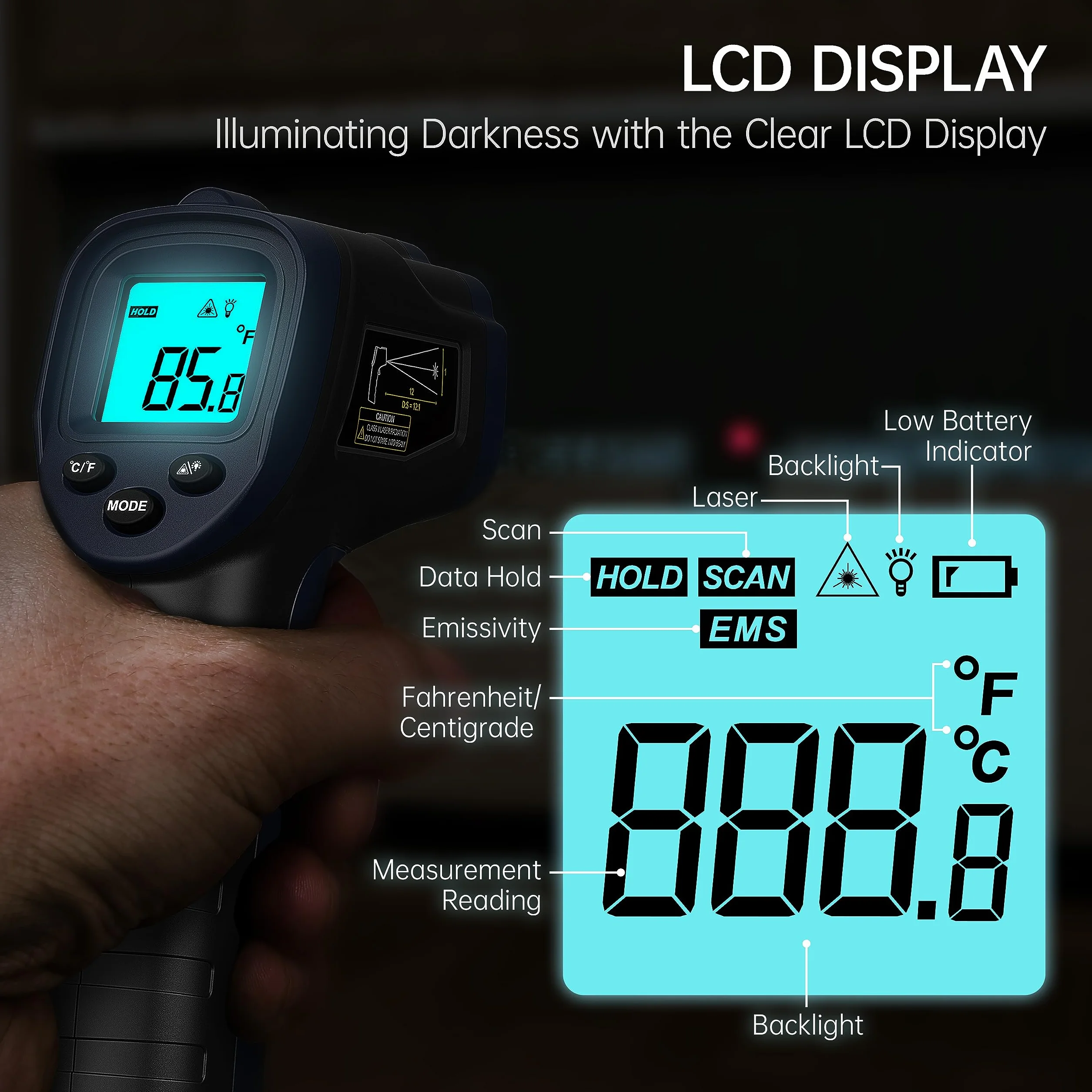 Termometr na podczerwień ERICKHILL -50℃~600℃ Podstawowy bezdotykowy cyfrowy laserowy pistolet do pomiaru temperatury Wyświetlacz LCD, regulowana emisyjność - do gotowania/grillowania, czarno-niebieski