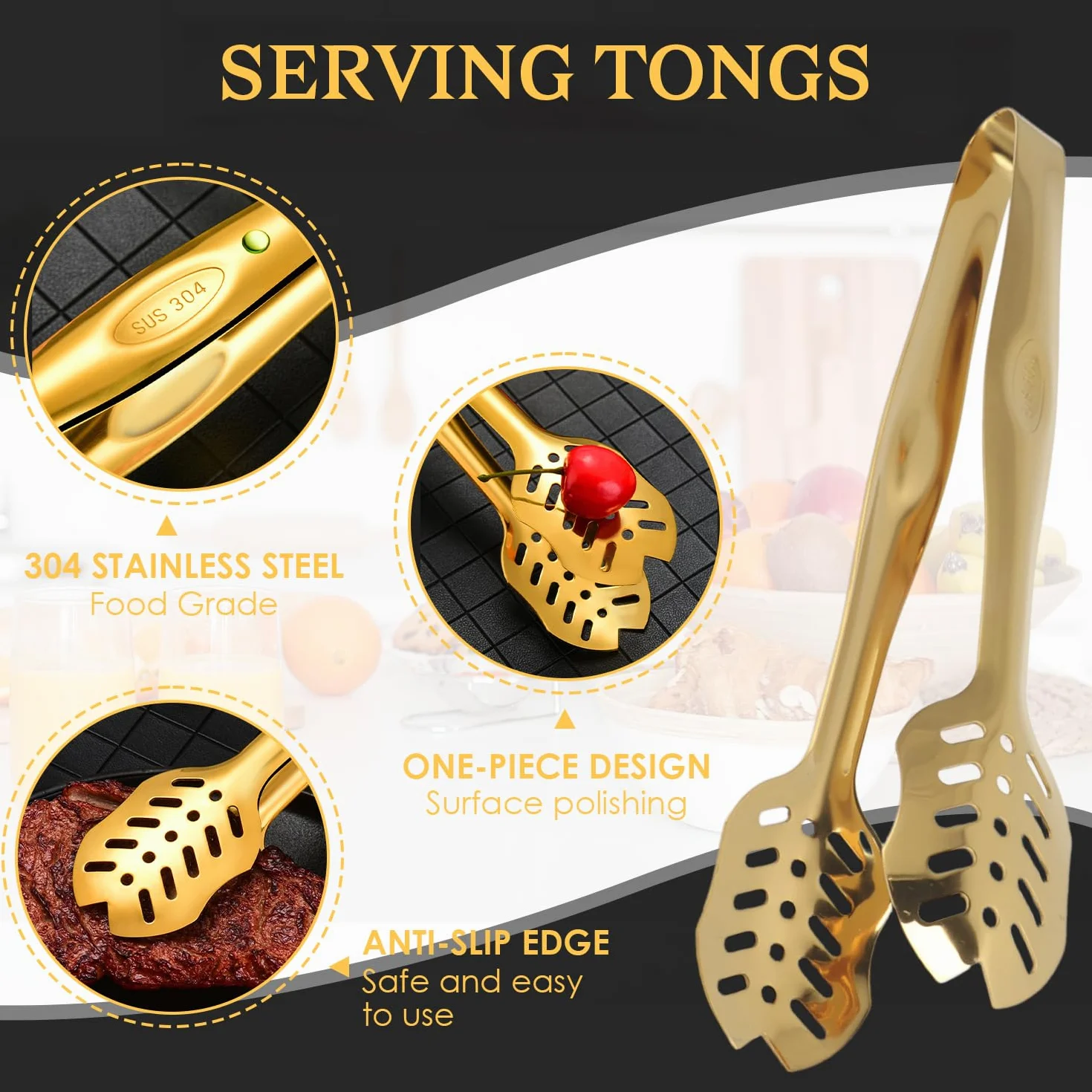 Tissting 4 szt. złote szczypce do serwowania, 25 cm, uniwersalne szczypce kuchenne na wesele, imprezę, do baru, bufetu, 25 cm, ergonomiczny uchwyt, idealne do sałatek, ciast, chleba, steków