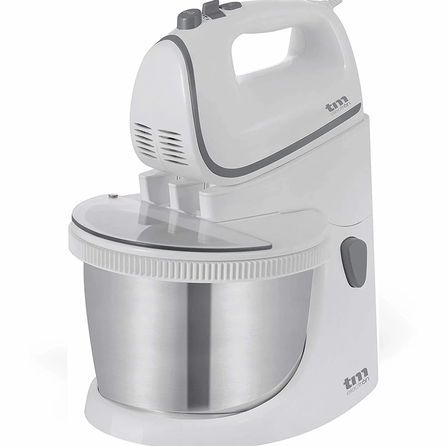 TM Electron TMPBA114 mikser do ciasta, 450 W, z miską ze stali nierdzewnej 2,5 l, hakiem do zagniatania, trzepaczką i przezroczystą pokrywą chroniącą przed rozpryskiwaniem