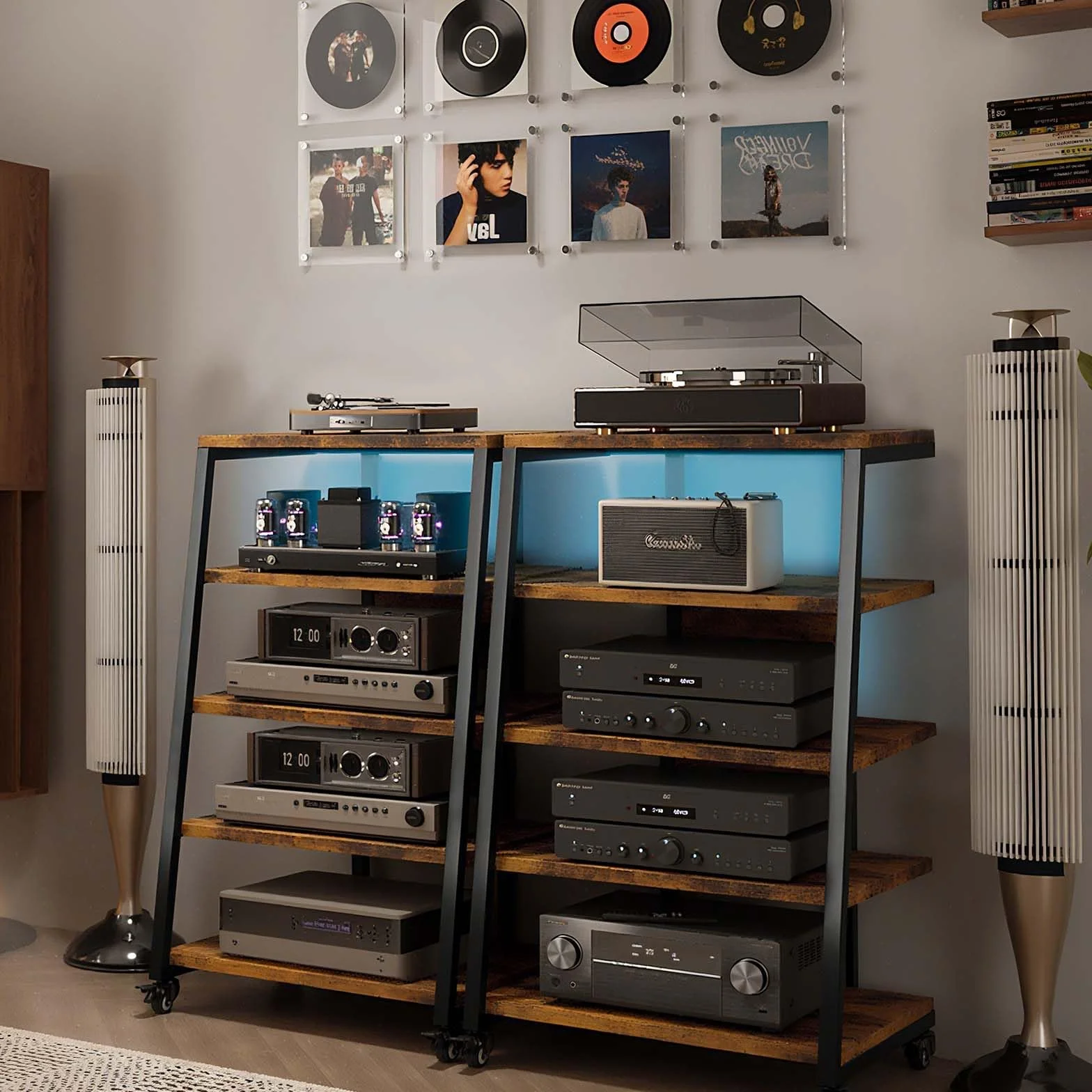 5-stopniowy stojak HiFi z kółkami, stół gramofonowy z listwami zasilającymi, diodami LED, regulowana półka, drewniany stojak na media, regał HiFi do systemu audio, system stereo, 60 x 52 x