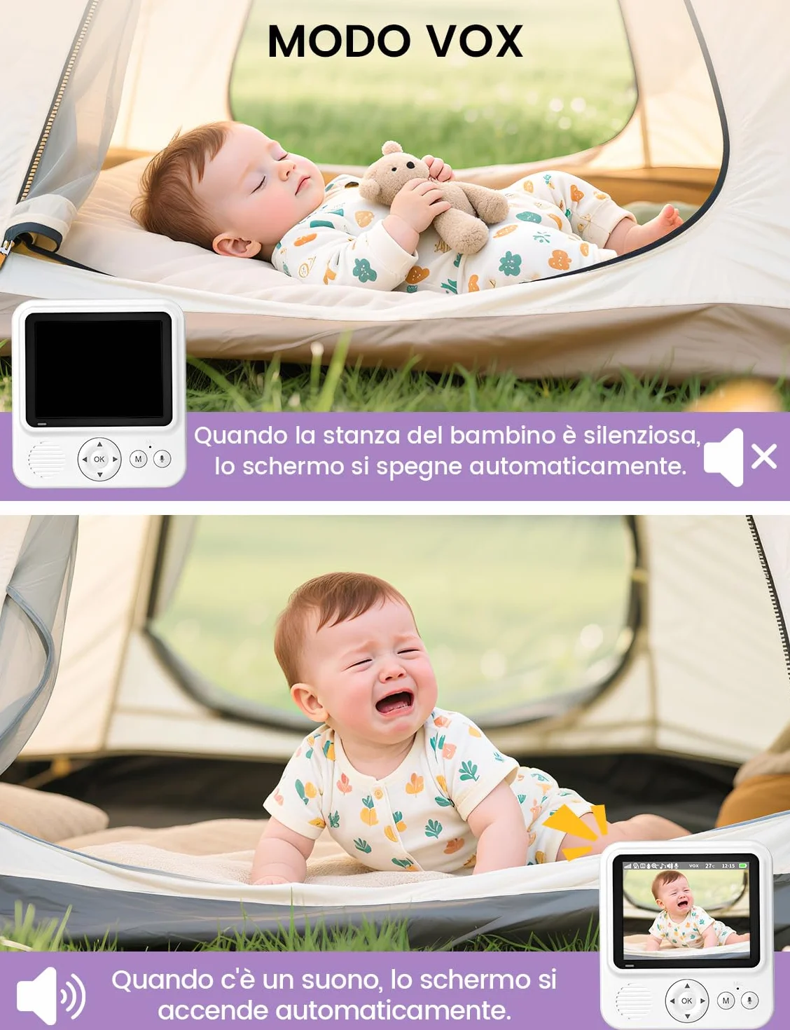 OBVHNUA Babyphone z kamerą 2,8 cala, monitorem dla niemowląt 720P HD, 2000 mAh, monitoringiem wideo, ekranem IPS, USB-C, zoomem 2,4 GHz, noktowizorem, komunikacją VOX