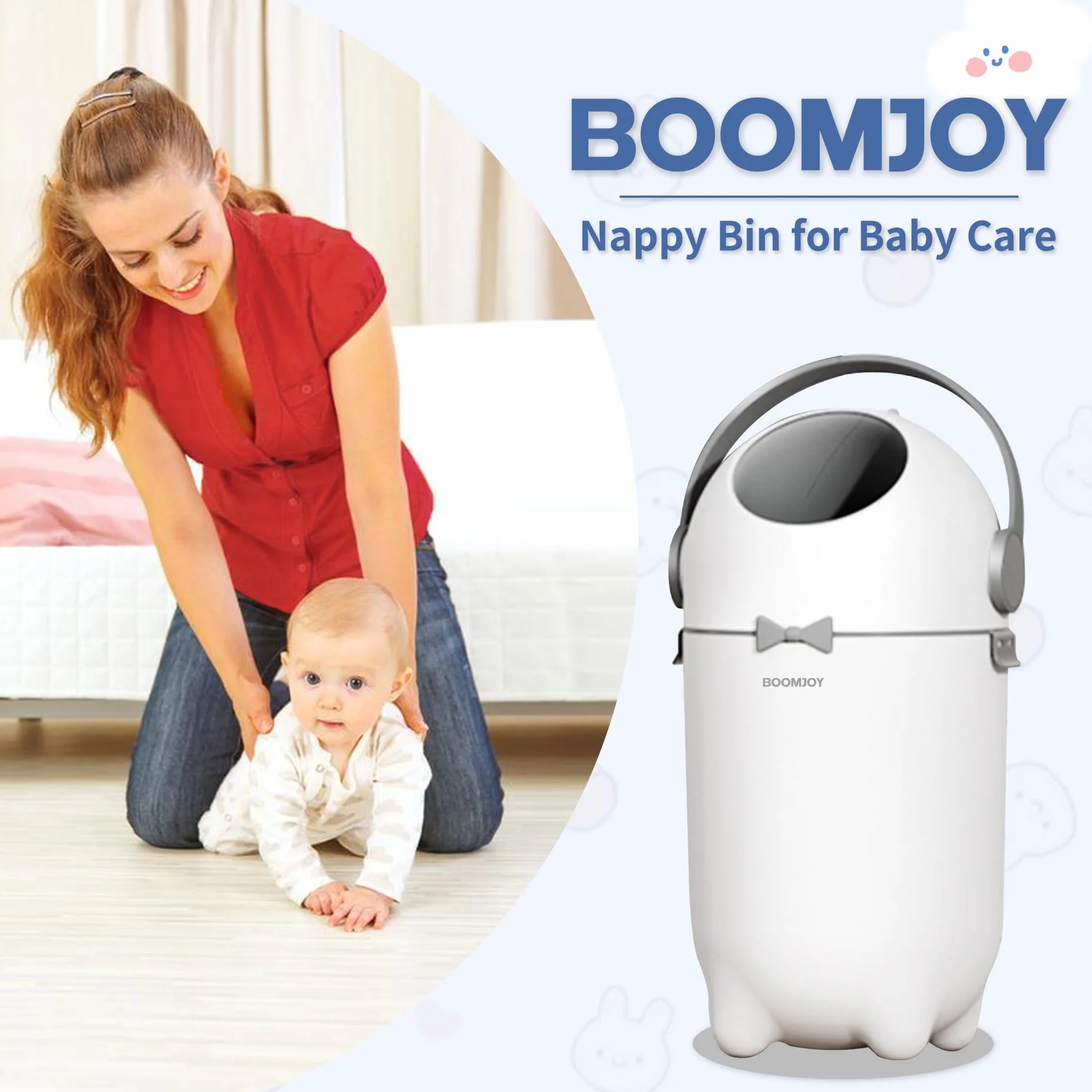 BOOMJOY Kosz na pieluchy dla niemowląt, tworzywo sztuczne, bezzapachowy, bez kosztów uzupełnienia, normalne worki, biały