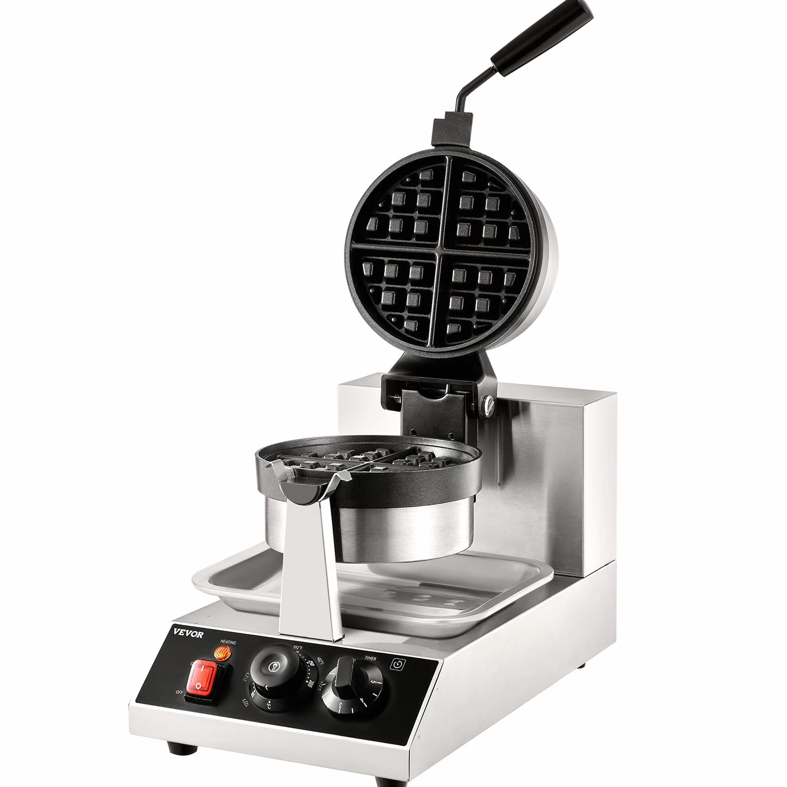 VEVOR Gofrownica okrągła gofrownica 1300 W, grill kontaktowy, gofrownica belgijska, 4 szt. stal nierdzewna, automat do gofrów z klipsem do żywności, szczotkami i uchwytem zabezpieczającym przed