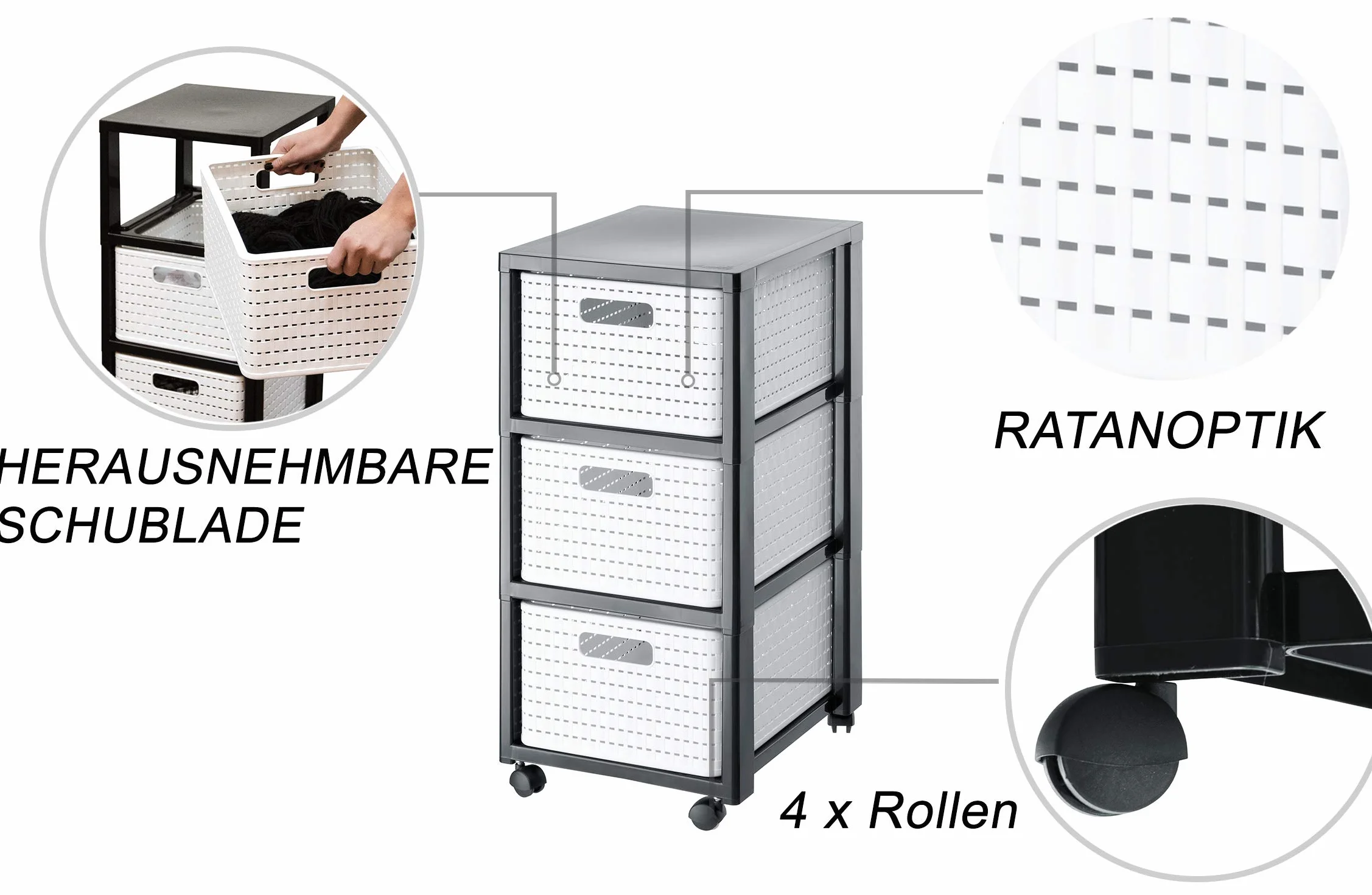 Rotho Country szafka na kółkach z 3 szufladami o wyglądzie rattanu, tworzywo sztuczne (PP), nie zawiera BPA, biała, 3 x A4/18 l (37,5 x 32,5 x 71,2 cm)
