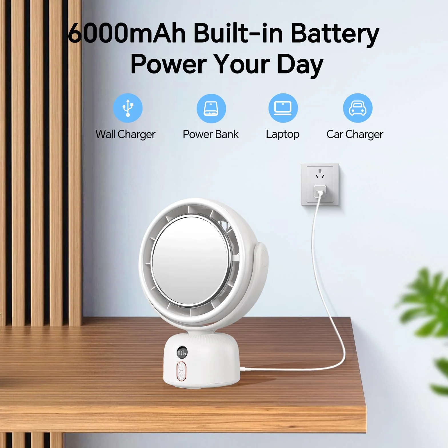 MERTTURM 2 in 1 Oscylujący Wentylator Biurkowy z Lustrem LED do Makijażu, 6000mAh Ładowany Wentylator Scienny, 5 Prędkości, Cichy Wentylator dla Łazienki, Sypialni, Biura, Kampera-Biał