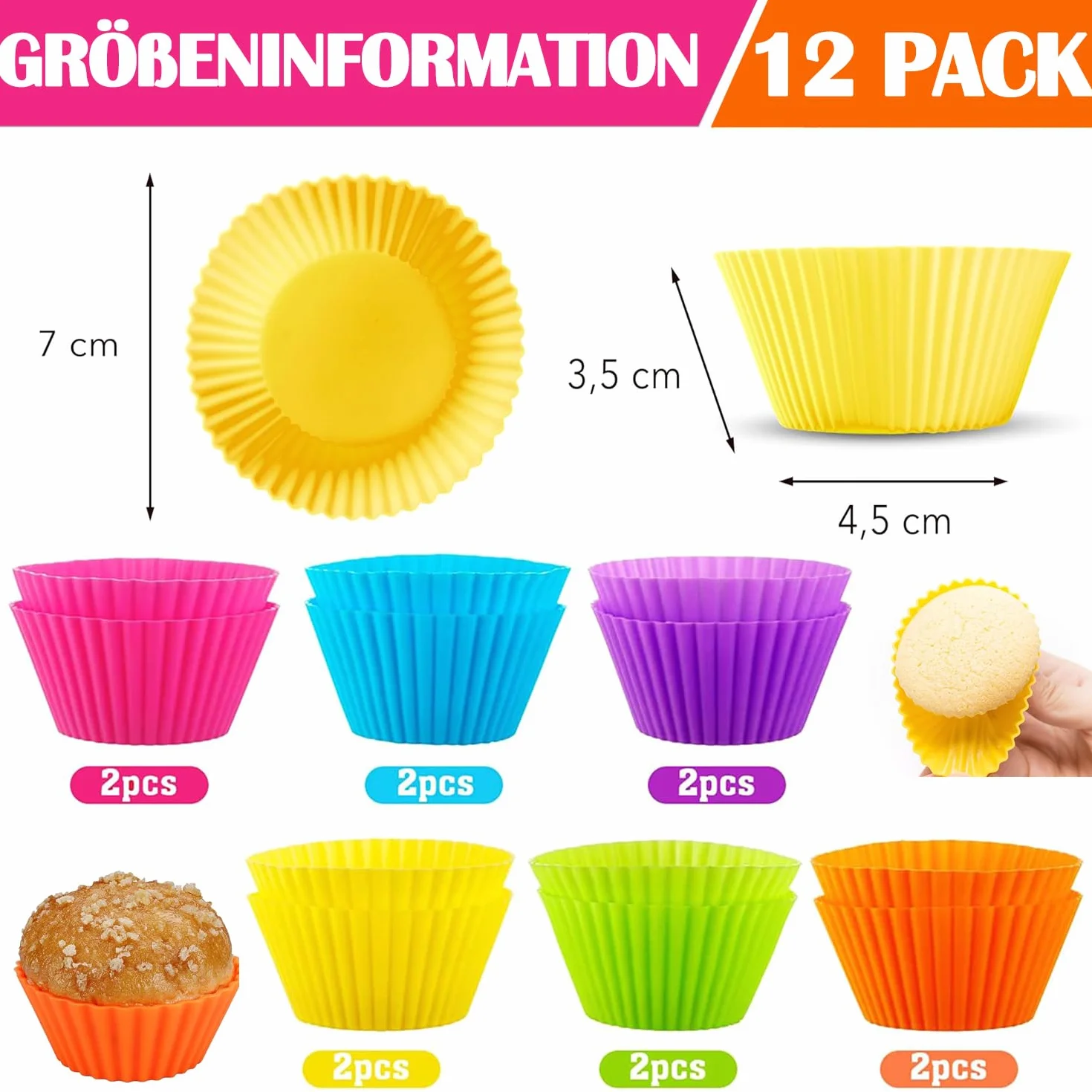 12 Silikonowych Foremek do Muffinek, OkrąGłE, Wielokrotnego UżYtku Z Silikonu, Z PowłOką ZapobiegająCą Przywieraniu, Foremki do Pieczenia Babeczek, Muffinek, do Ciast, KremóW I Puddingu, Wielokolorowe