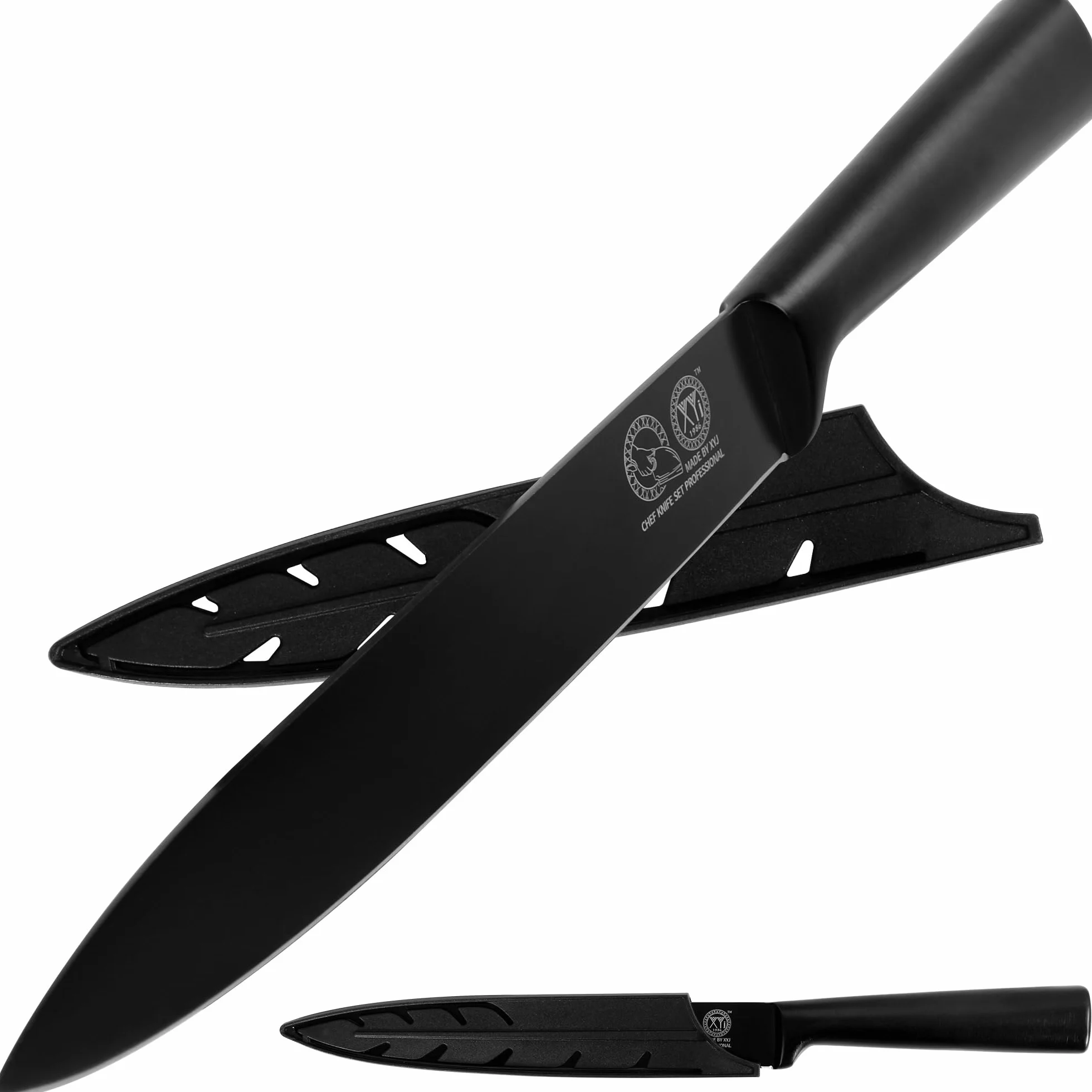 XYJ 8 Inch Professional Kitchen Knife, Full Black Japanese Chef Slicing Knife, Meat Cleaver, Vegetable Slicer Cutting Knife With Sheath, Edge Guard Protector, Outdoor Camping for Mom Dad