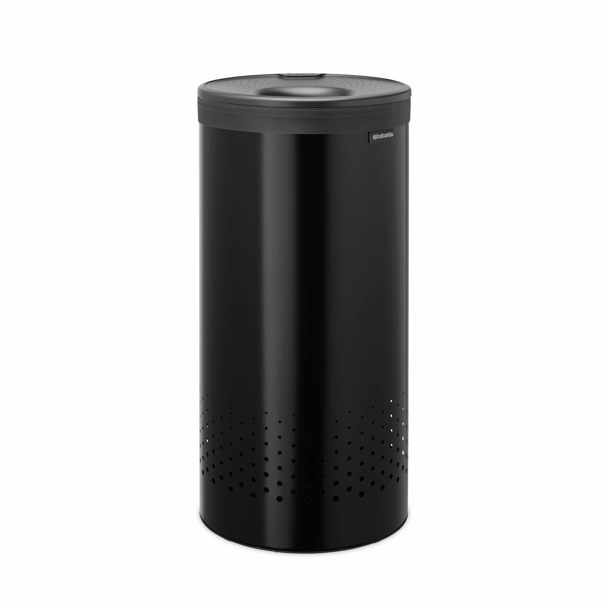 Brabantia Kosz na pranie z pokrywką, kosz na pranie 35 l ze zdejmowaną bawełnianą torbą i szybkim otwieraniem, oszczędzający miejsce kosz na pranie, czarny matowy
