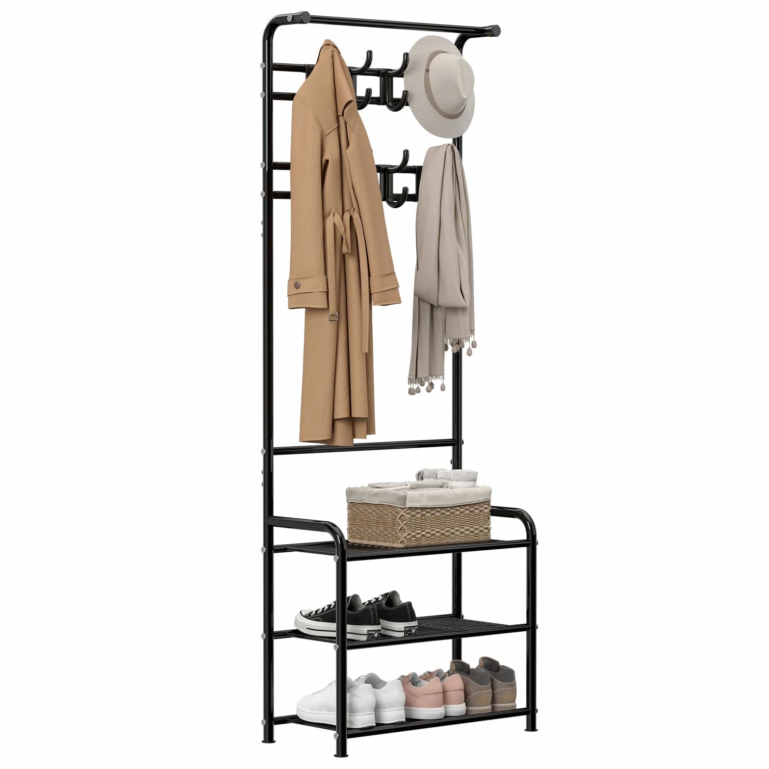 Innotic wieszak na ubrania, wieszak na buty, wieszak na płaszcze stojący z 16 wyjmowanymi haczykami, 3 półką z siatki, wysokość 182 cm, do wejścia, salonu, sypialni, czarny