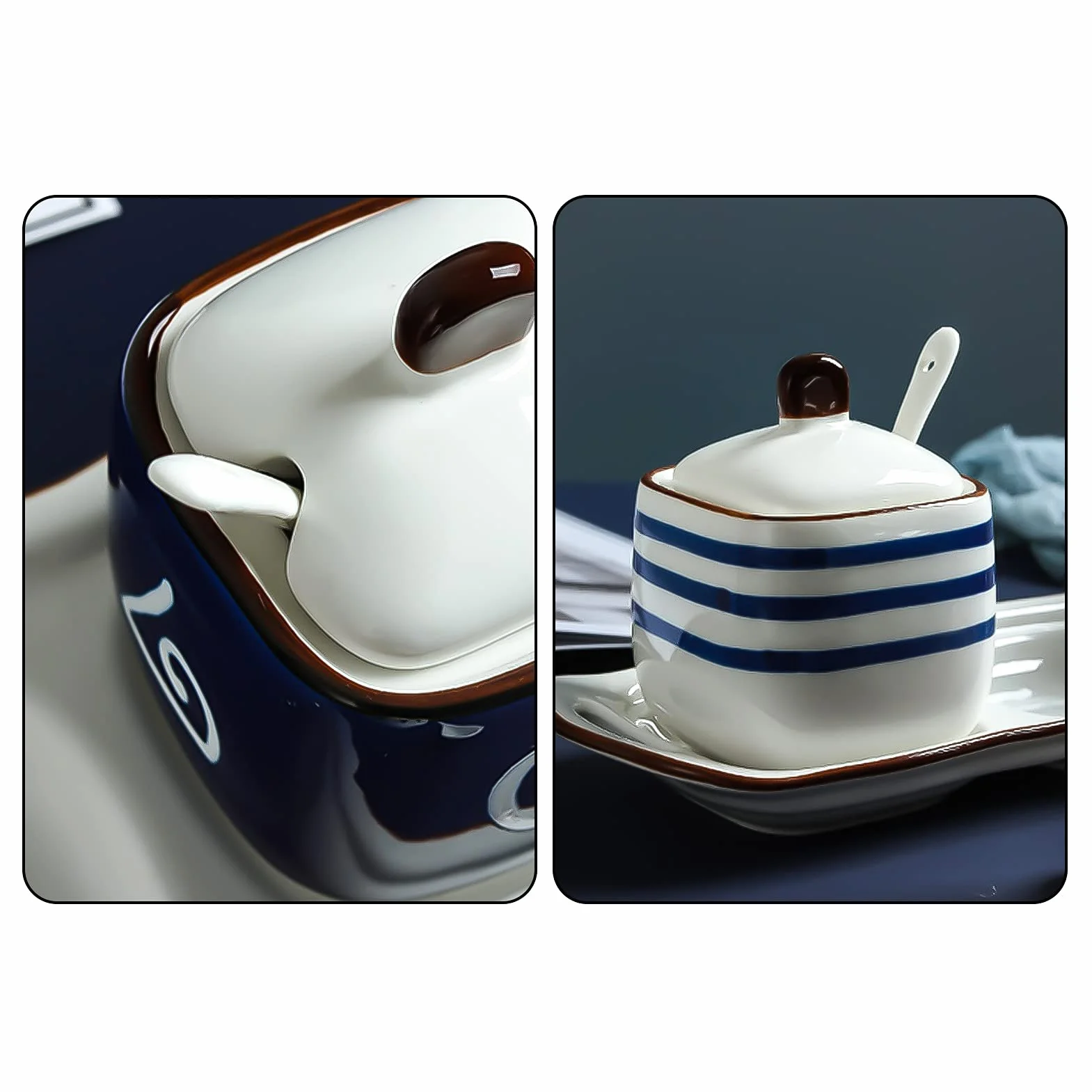 Zestaw 3 ceramicznych pojemników na przyprawy z łyżeczkami i pokrywkami, do przechowywania pieprzu, cukru, soli przypraw – 2 sztuki(3 Pieces.)