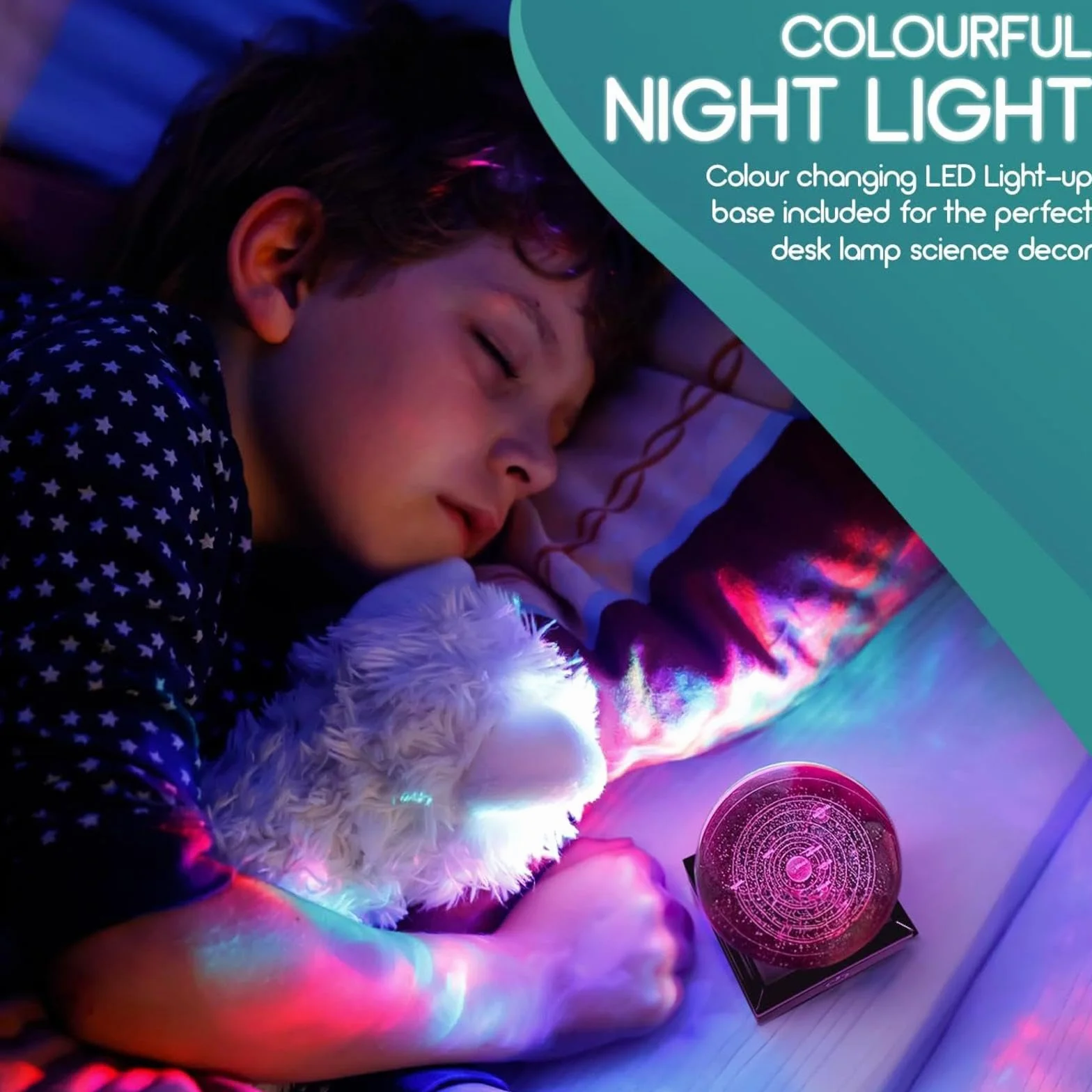 Kryształowa Kula Układ Słoneczny 3D LED 8cm Grawerowany z Nazwami Planet Dekoracja Nocna Prezent dla Dzieci