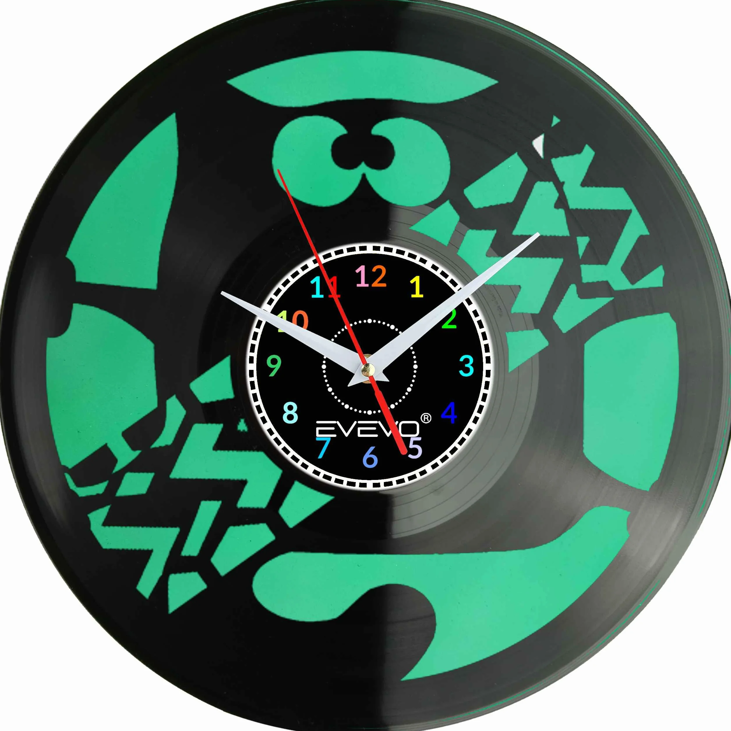 KOT KICIUŚ KOTEK MRUCZEK ZEGAR ŚCIENNY FLUORESCENCYJNE TŁO PŁYTA WINYLOWA PREZENT UPOMINEK URODZINY SOUVENIR EVEVO F0031