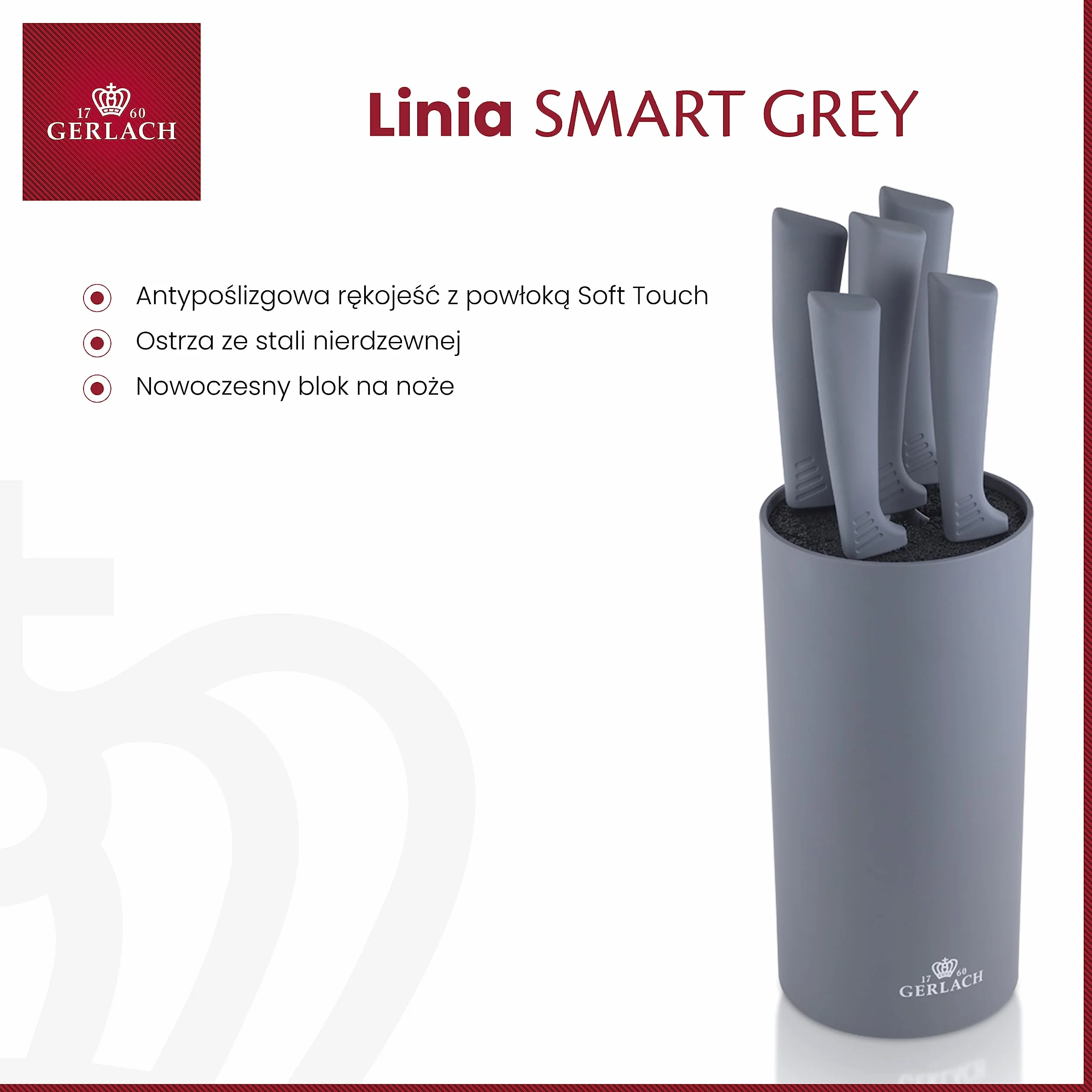 Gerlach Smart Grey Zestaw Noży W Bloku Stal Nierdzewna 5 Ostrzy Nóż Kuchenny