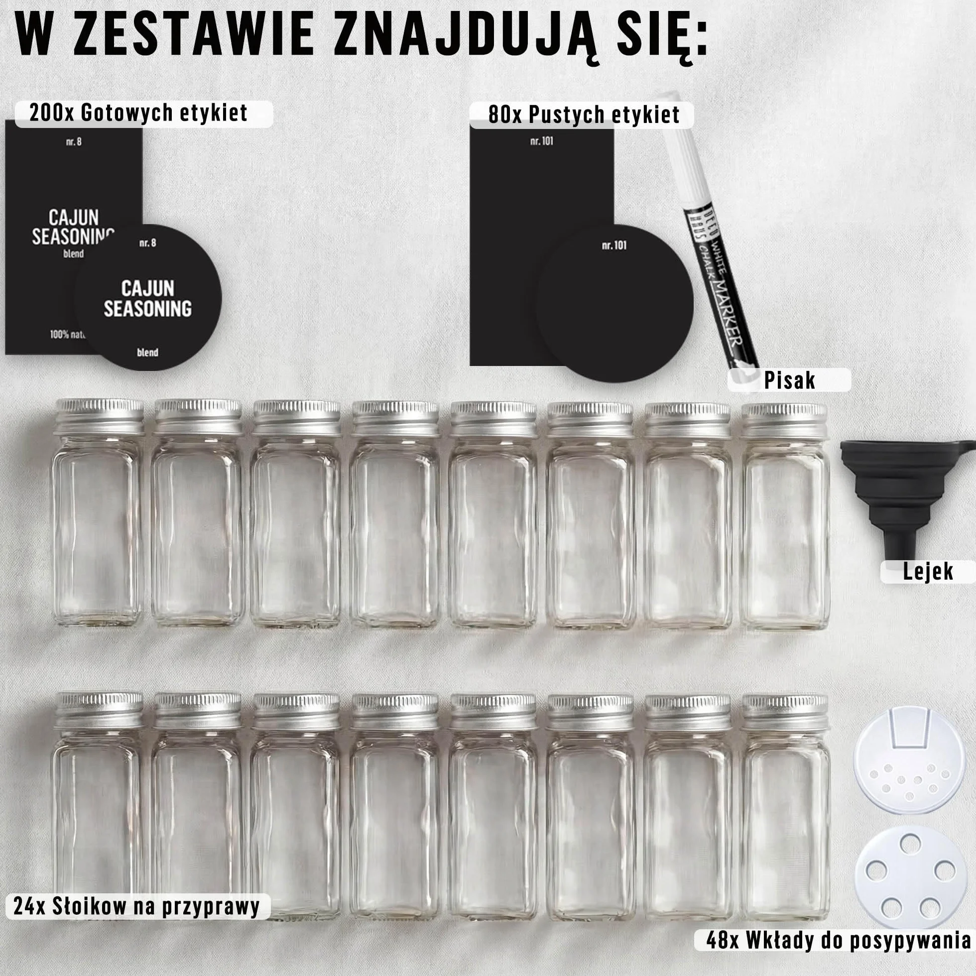 Deco haus® Słoiczki na Przyprawy z Nakrętką - Zestaw 24 sztuk - Różne Nasadki do Wytrząsarek, Lejek, Pędzelek, Etykiety i Kreda - Idealne do Naszych 4 Stojaków na Przyprawy - 120 ml, 10,5 x 4,3 cm