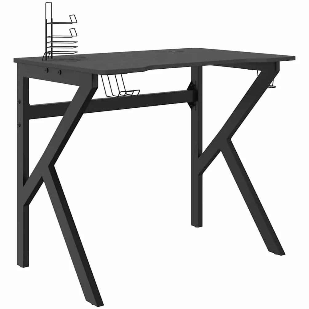 Hothingwell Biurko do gier z nogami w kształcie litery K, czarne, 90x60x75 cm | Zintegrowany uchwyt na słuchawki, uchwyt na kubek, drewno inżynieryjne, ergonomiczna konstrukcja do gier