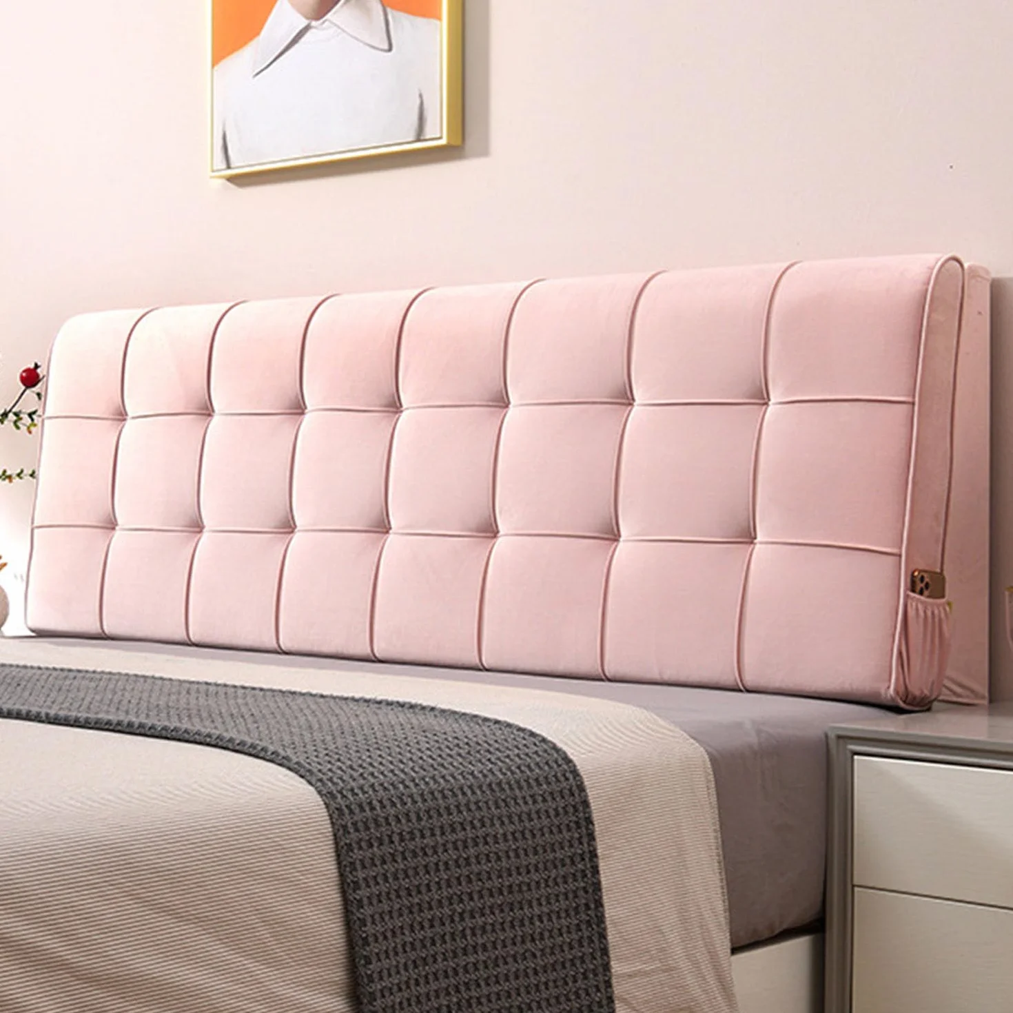Aksamitny wyściełany pokrowiec na zagłówek na łóżko king-size, kompleksowy design, mały, podwójny zagłówek, w zestawie, poduszka dekoracyjna do sypialni, kolor różowy (200 cm)