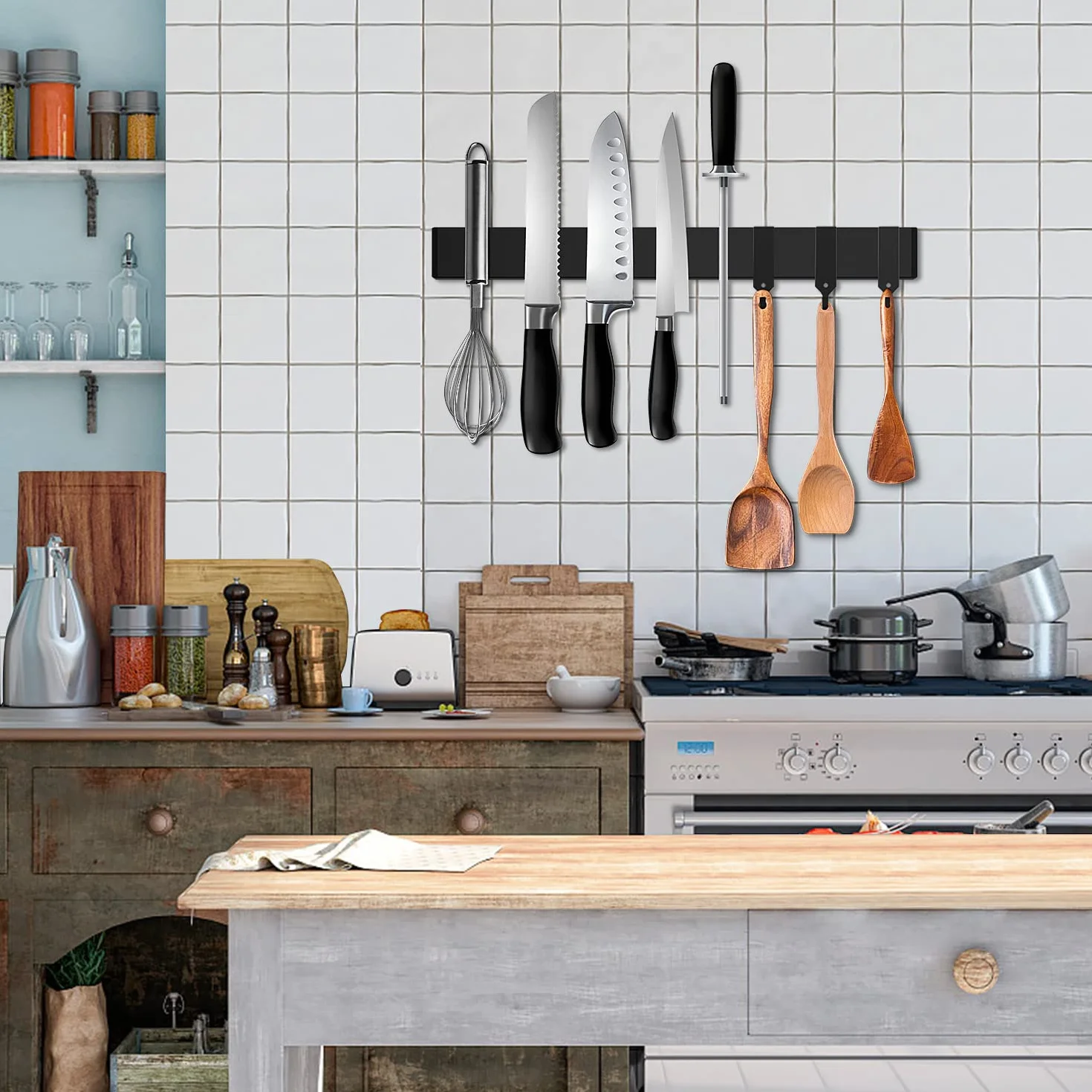 Czarny magnetyczny pasek na noże do lodówki - większy 43 cm dwustronny magnetyczny uchwyt na noże kuchenne ze stali nierdzewnej z haczykami na ścianę/lodówkę - mocny magnes na noże/stojak na noże