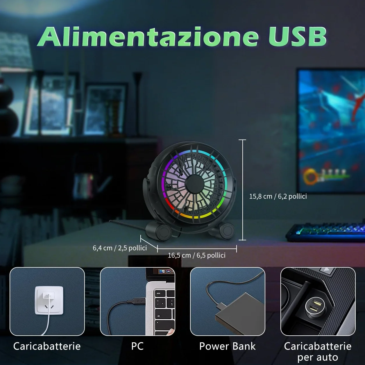 Wentylator biurkowy USB RGB – 3 prędkości, cichy, przenośny wentylator stołowy, 8 kolorów diod LED, obrót o 360°, mały wentylator do domu, biura, na biurko, do sypialni