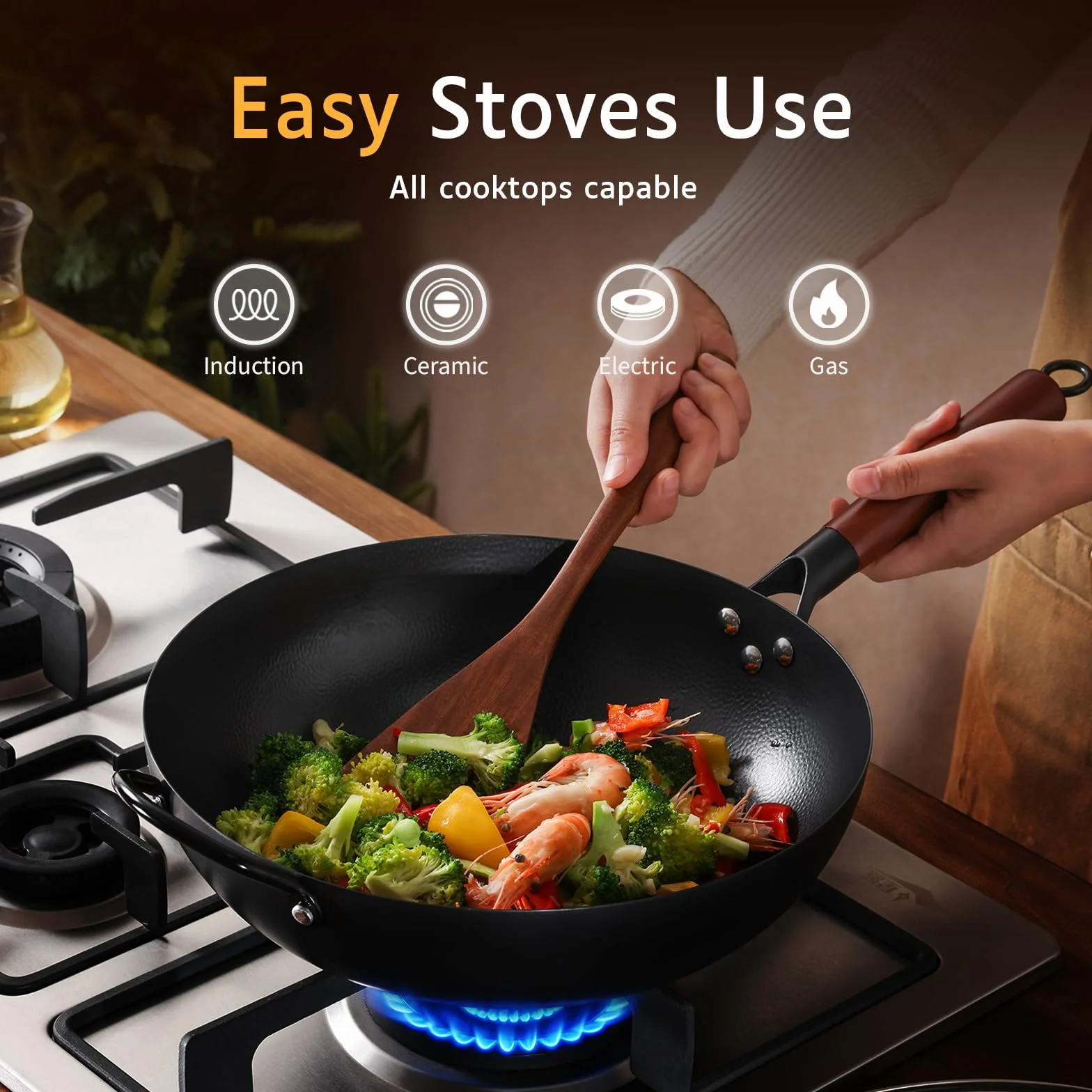 Kordisen Wok ze stali węglowej 32 cm z pokrywką, ergonomiczny drewniany uchwyt, płaskie dno do indukcji i gazu, naturalna nieprzywierająca, duża pojemność dla 3-6 osób, idealny do kuchni azjatyckiej