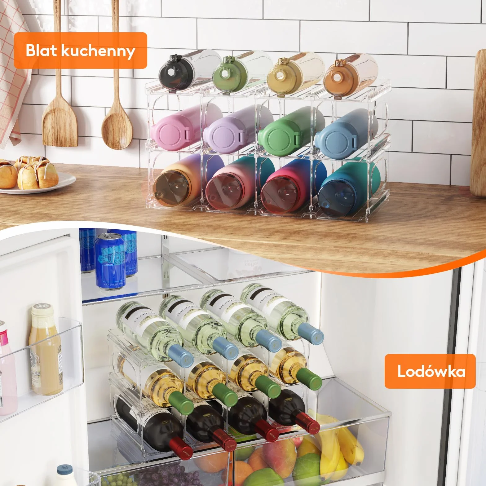Lifewit Plastikowy stojak na wino do lodówki, szafki, blatu, uchwyt na butelkę wina, organizer na butelki wody, do lodówki, spiżarni, przezroczysty, pomieści 12 butelek