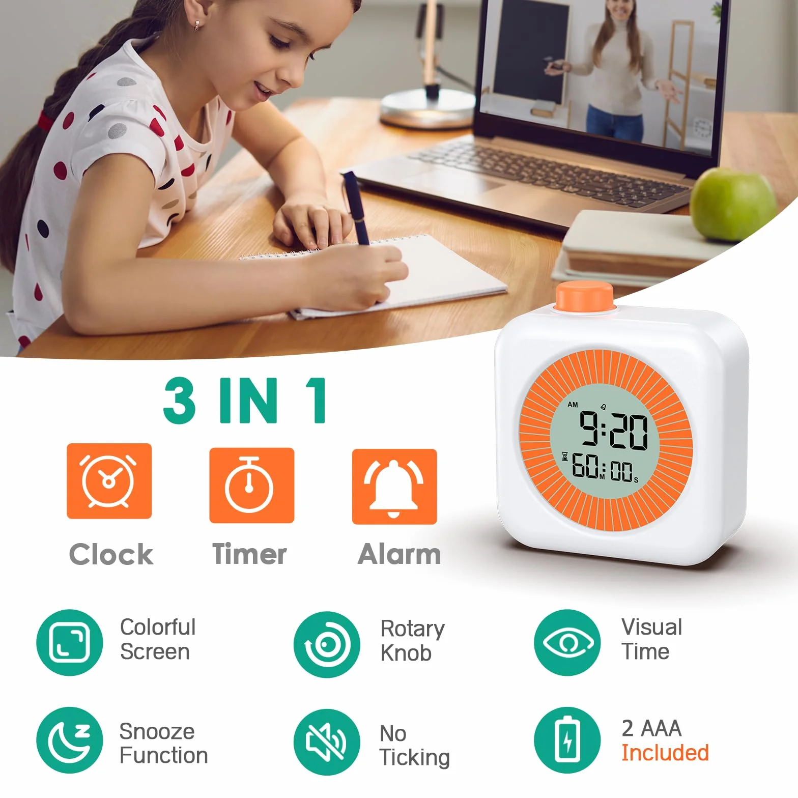 ORIA Cyfrowy timer wizualny 3 w 1 minutnik kuchenny z zegarem alarmem LCD 12/24 h odliczanie 60 minut biały