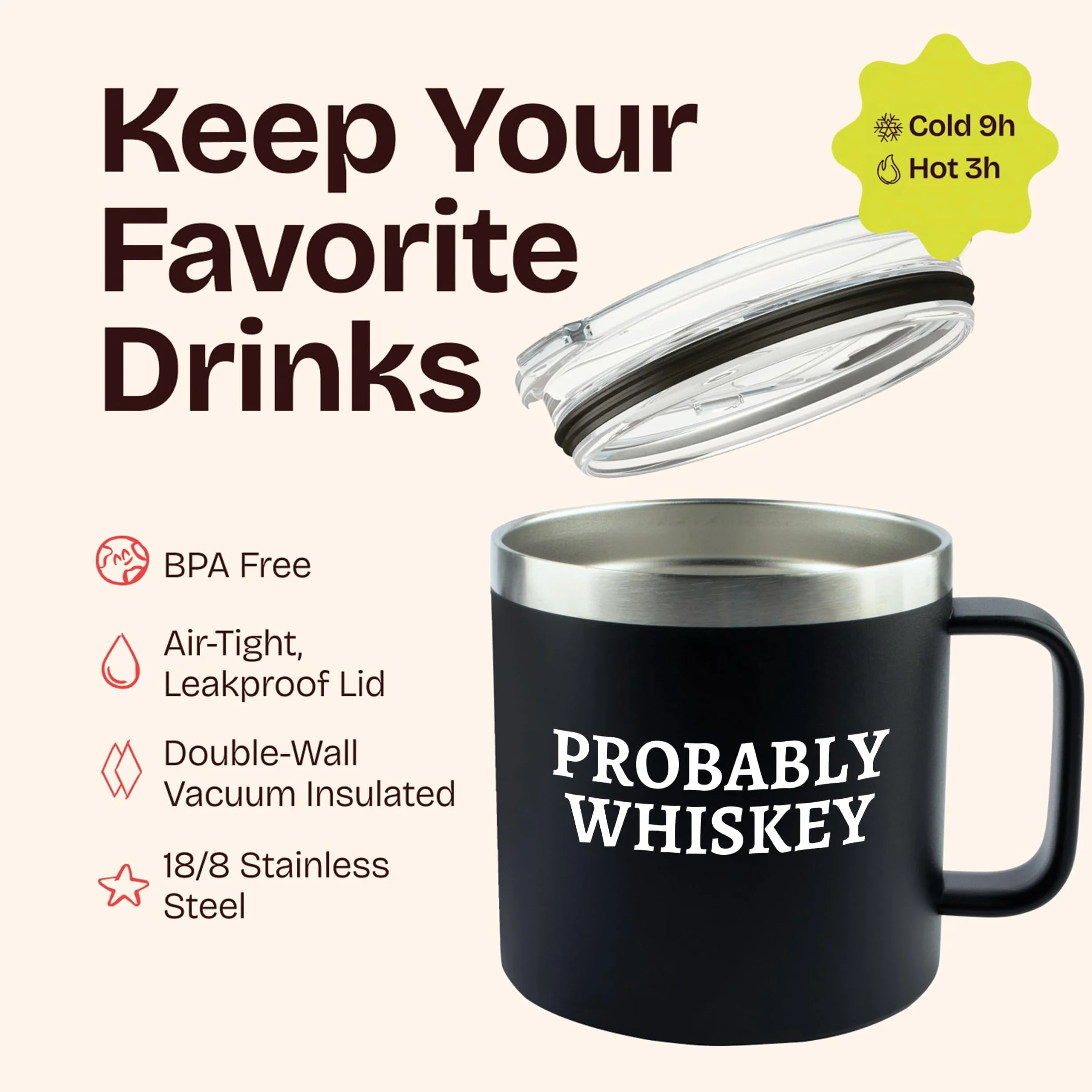 Prezenty na whisky dla mężczyzn - prawdopodobnie kubek do whisky do kawy 400 ml ze stali nierdzewnej z pokrywką - zabawny pomysł na prezent dla taty, miłośnika burbonu, obozu, kubka, podróży, akcesoriów do szkockiej szkoły