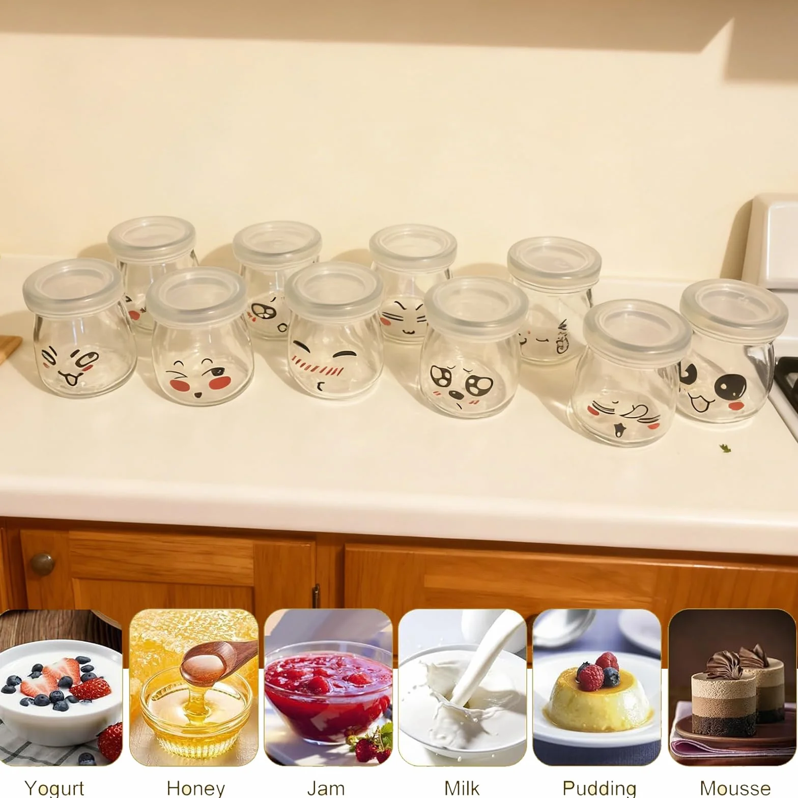 10 pustych słoików na jogurt, szklany słoik na jogurt z hermetyczną pokrywką, mały słoik na jogurt z emotikonem do multicookera Thermomix/cookeo, jogurt domowy (100 ml)