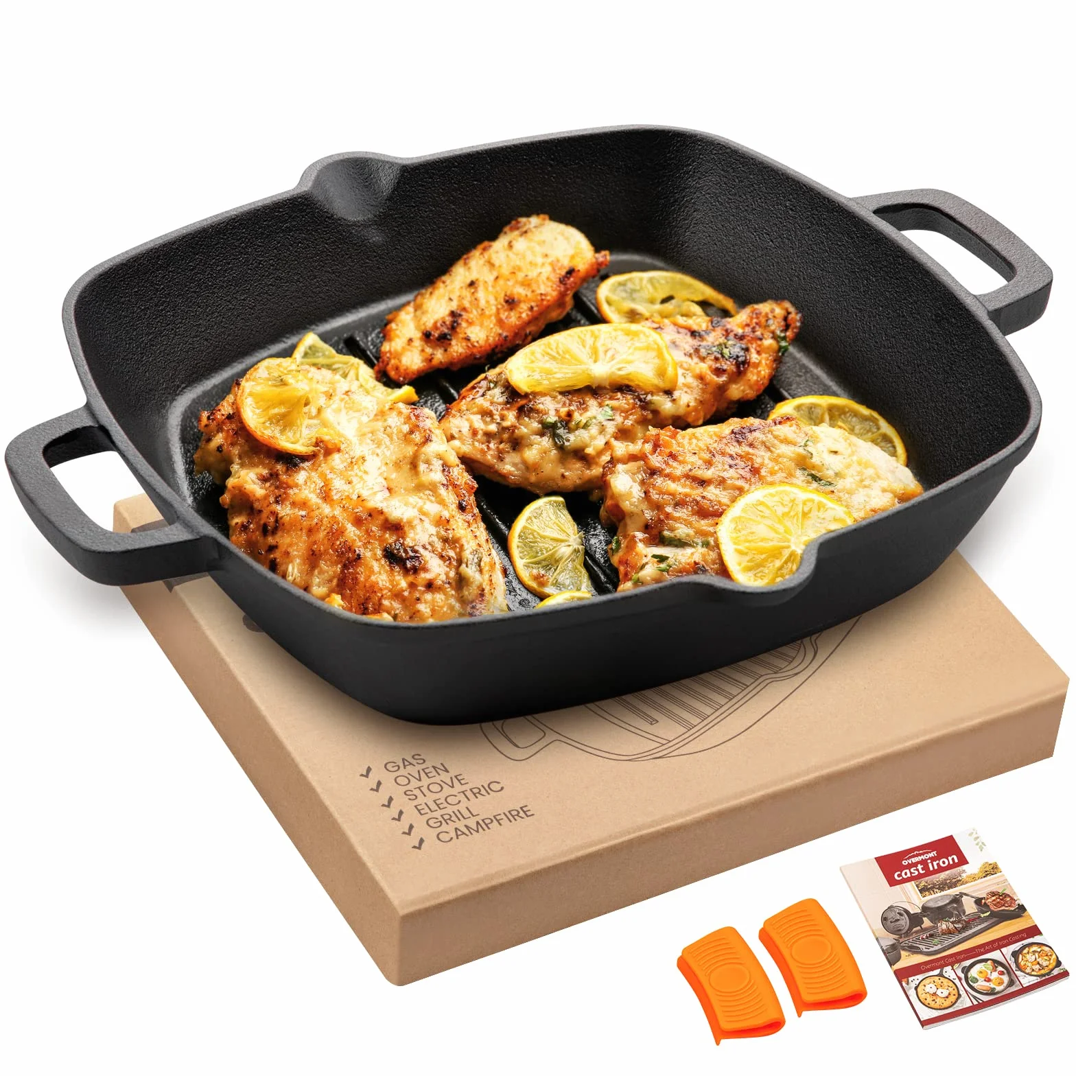 OVERMONT Patelnia grillowa żeliwna – patelnia żeliwna kwadratowa 26 cm – patelnia do steków wypalona gotowa do użycia – patelnia z dwoma uchwytami – do grilla gazowego, piekarnika, grilla węglowego
