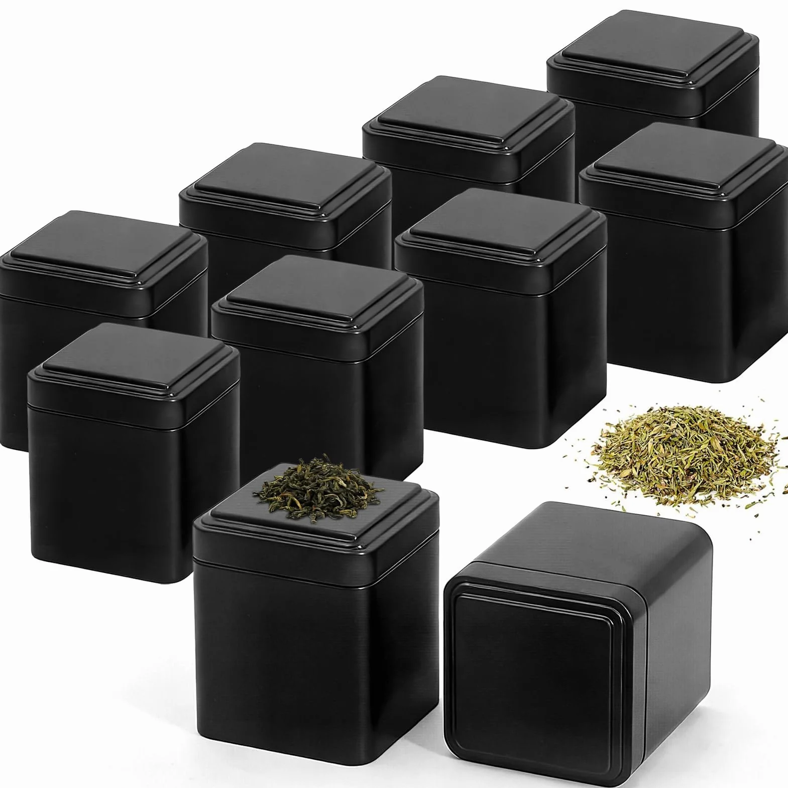 10 sztuk puszek na herbatę sypką, 7 × 7 × 8,5 cm, klasyczne, prostokątne, puste puszki z hermetycznymi pokrywkami, małe metalowe pojemniki na cukier, słodycze, przyprawy, luźne liście, herbatę (czarne