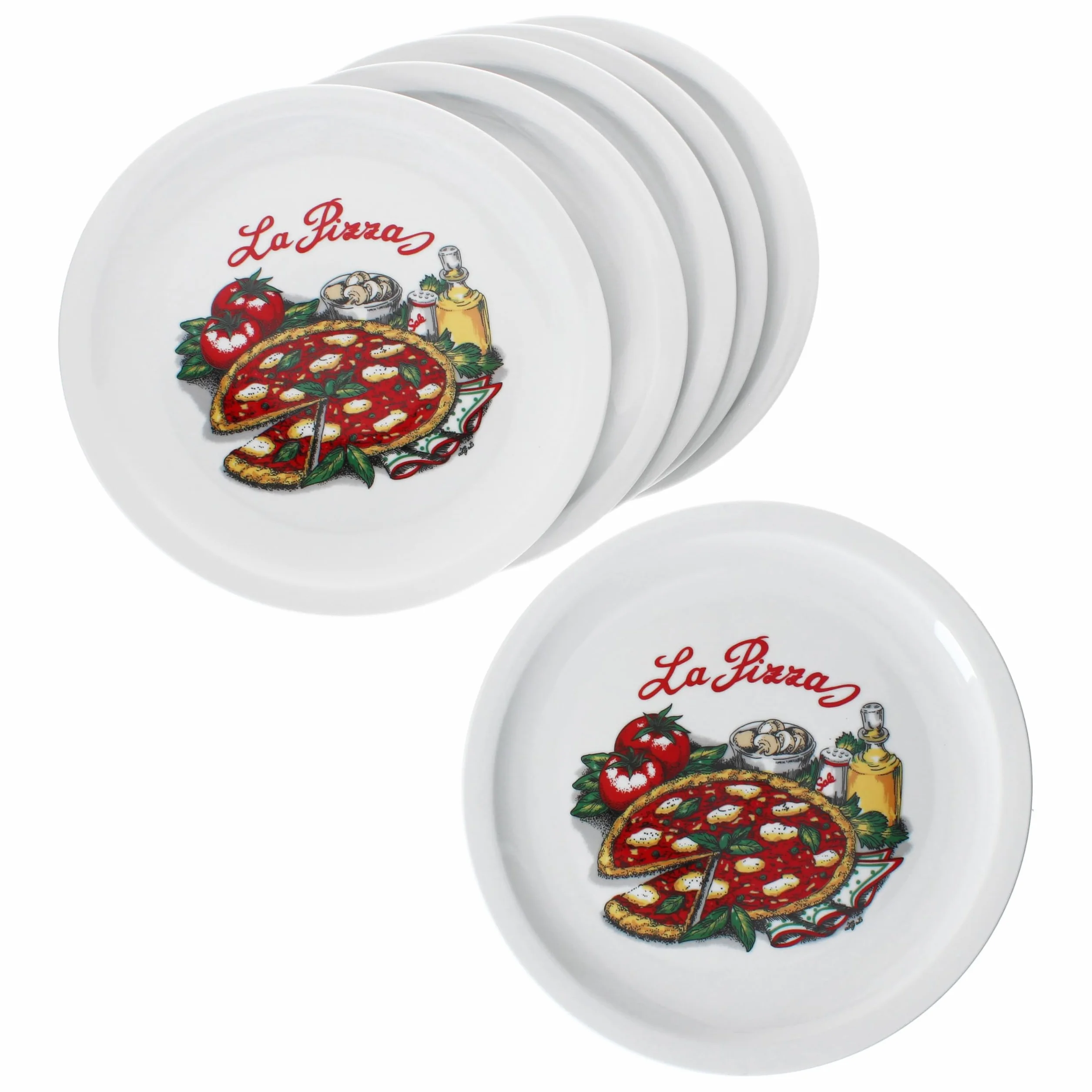 MamboCat La Pizza 6-częściowy zestaw talerz do pizzy, Ø 30,5 cm, dla 6 osób, duże talerze do pizzy z porcelany z dekoracją i napisem, na pizzę lub do przyrządzania, półmisek do obiadu