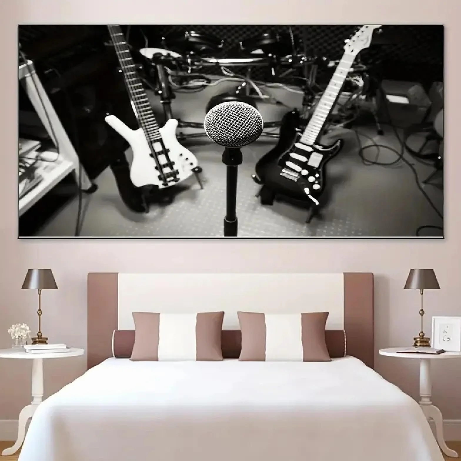 ZHAOLIN Czarno-biały styl plakat z nadrukiem na płótnie, instrumenty muzyczne obraz na gitarze, sztuka ścienna na płótnie, grafika farba ścienna 55 x 110 cm wewnętrzna ramka