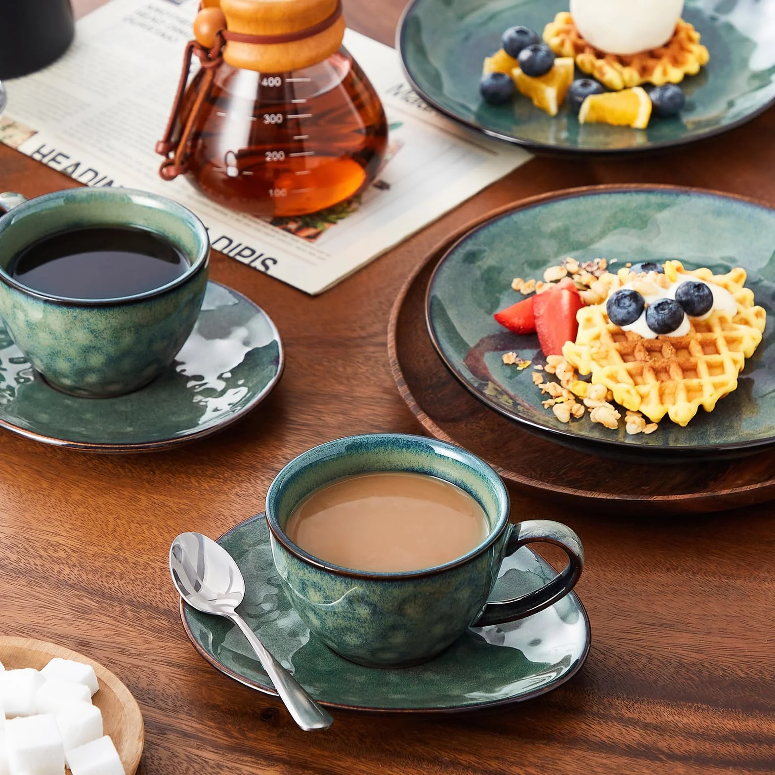 vancasso Gwiaździsty zestaw filiżanek i spodków z talerzami deserowymi 21,5 cm, ceramiczny zestaw do popołudniowej herbaty dla 4 osób, filiżanka do kawy 270 ml do espresso, cappuccino i wszelkiego