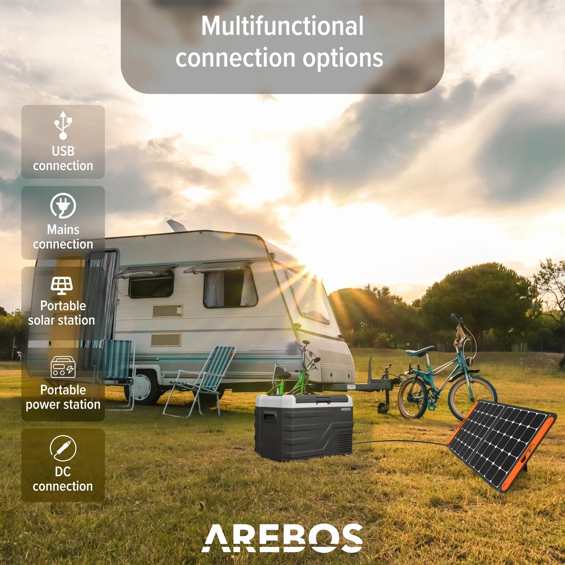 Arebos Lodówka kompresorowa, 35 l | elektryczna zamrażarka z aplikacją i inteligentnym sterowaniem |mobilna lodówka ze złączem USB | do -20 °C | 12/24 V, 230 V | do samochodu, ciężarówki, kempingu