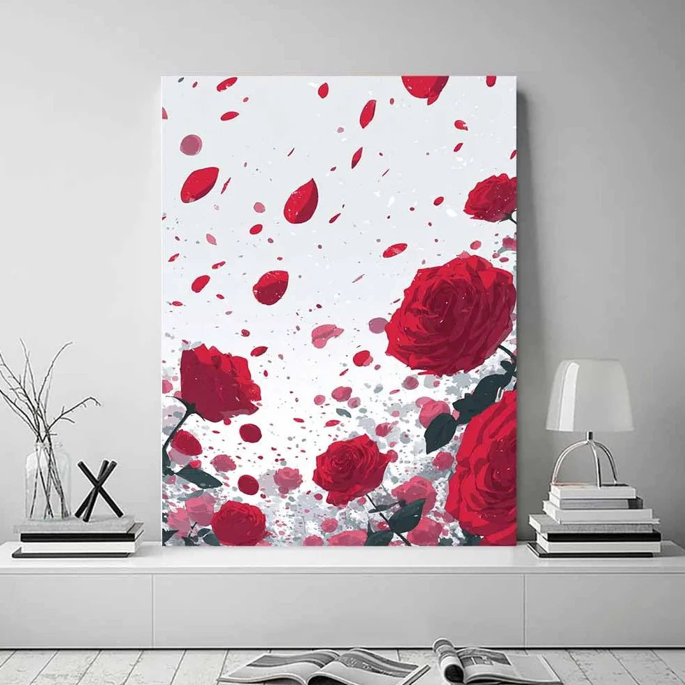 CUDAOO Prosta sztuka botaniczna wydruki na płótnie czerwone płatki róży do sypialni dom salon łazienka (kolor czerwonego drewna)-70x100 cm oprawiony