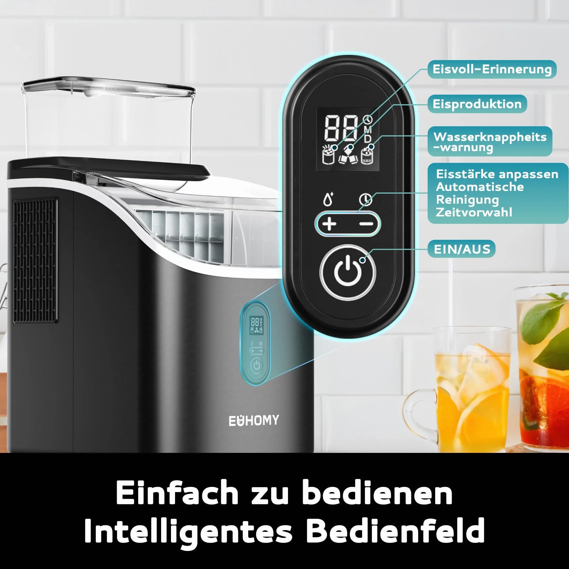 EUHOMY Maszyna do lodu 15 kg/24h samoczyszcząca 1,5 l czarny