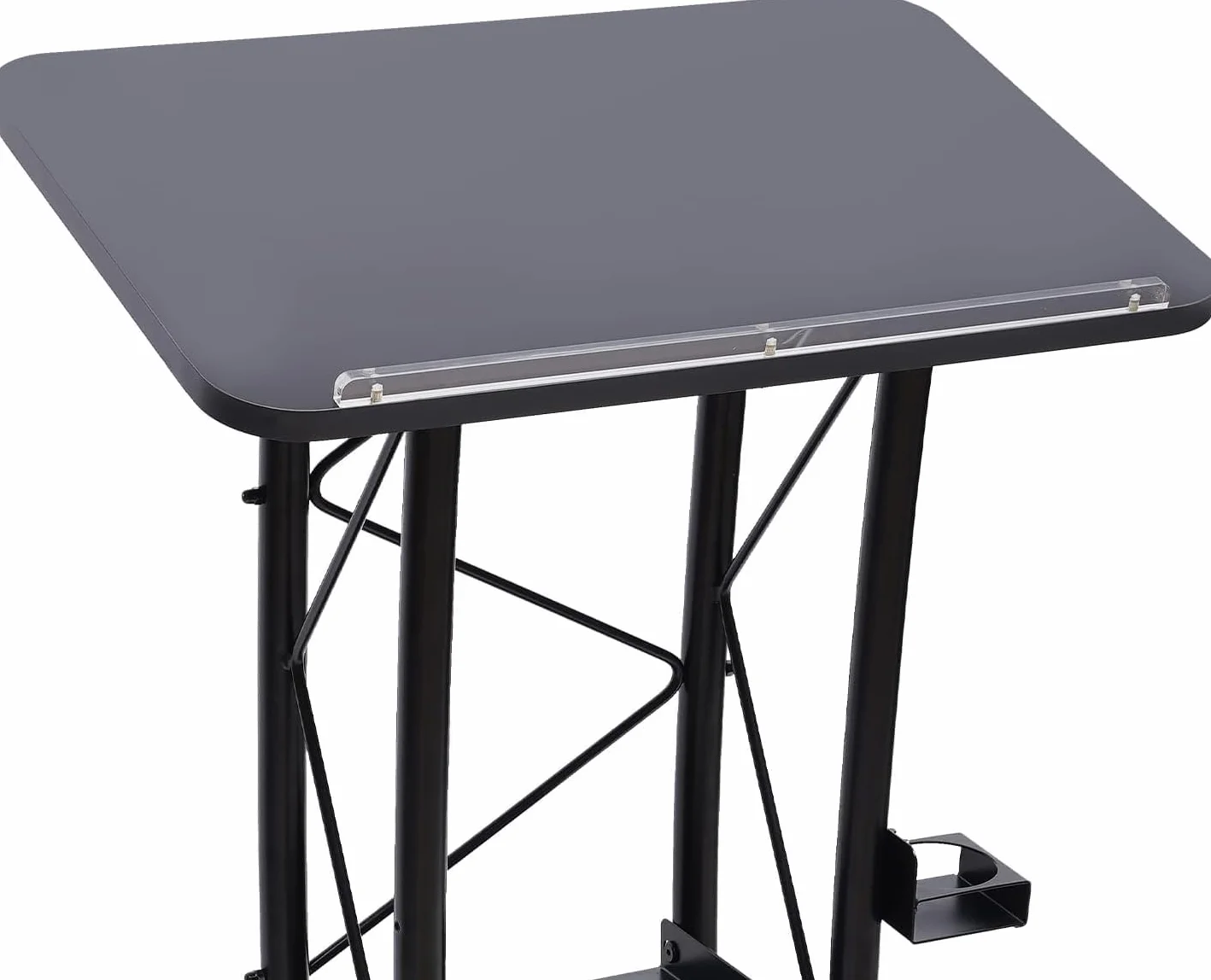Czarny zakrzywiony metalowy stojak na podium, mównica stojąca z uchwytem na kubek, 40 x 60 x 120 cm, do biura, szkoły i na imprezy