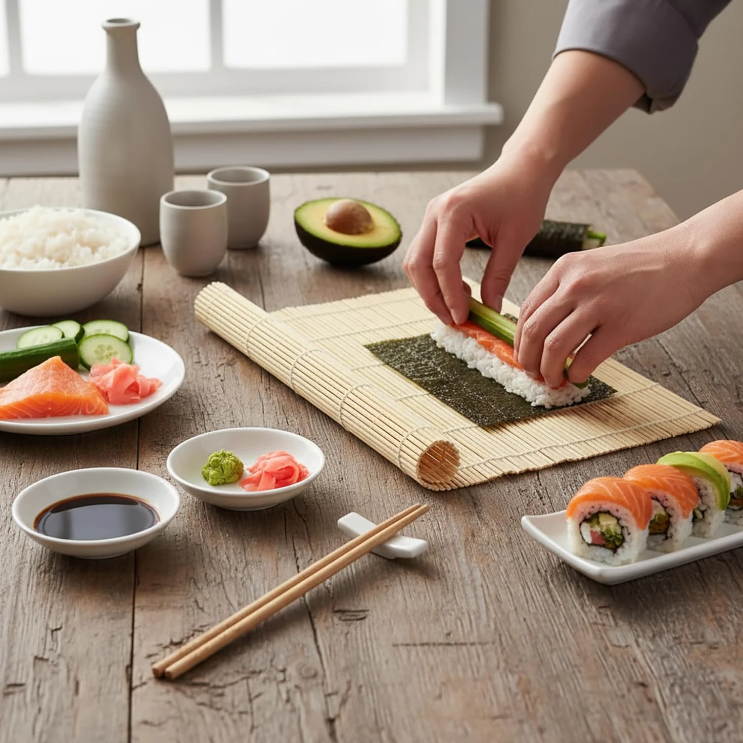 com-four® 7 czesciowy zestaw sushi – z bambusowa mata, paleczkami, ceramicznymi miseczkami i podstawkami – azjatycka zastawa do sosu sojowego, wasabi i dipów (7-czesciowy zestaw sushi)